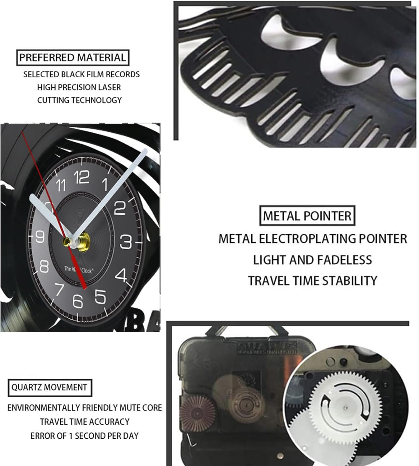 Merkmale einer Vinyl-Schallplattenuhr: Laser-Schnitt, Metallzeiger und präzises Quarzwerk.