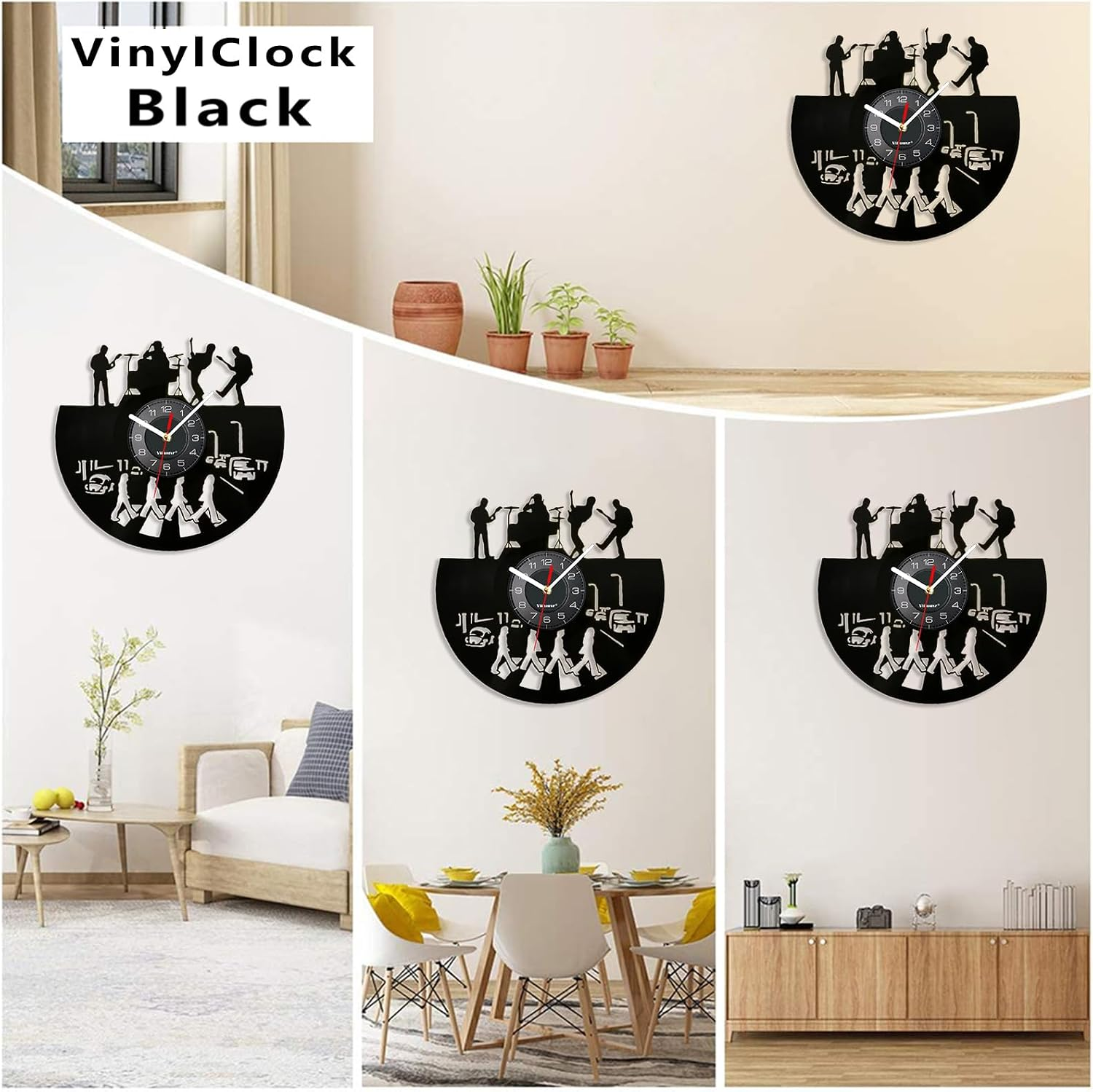 Eine Collage zeigt eine schwarze Vinyl-Schallplatten-Wanduhr mit Beatles-Silhouetten-Design in verschiedenen Räumen.