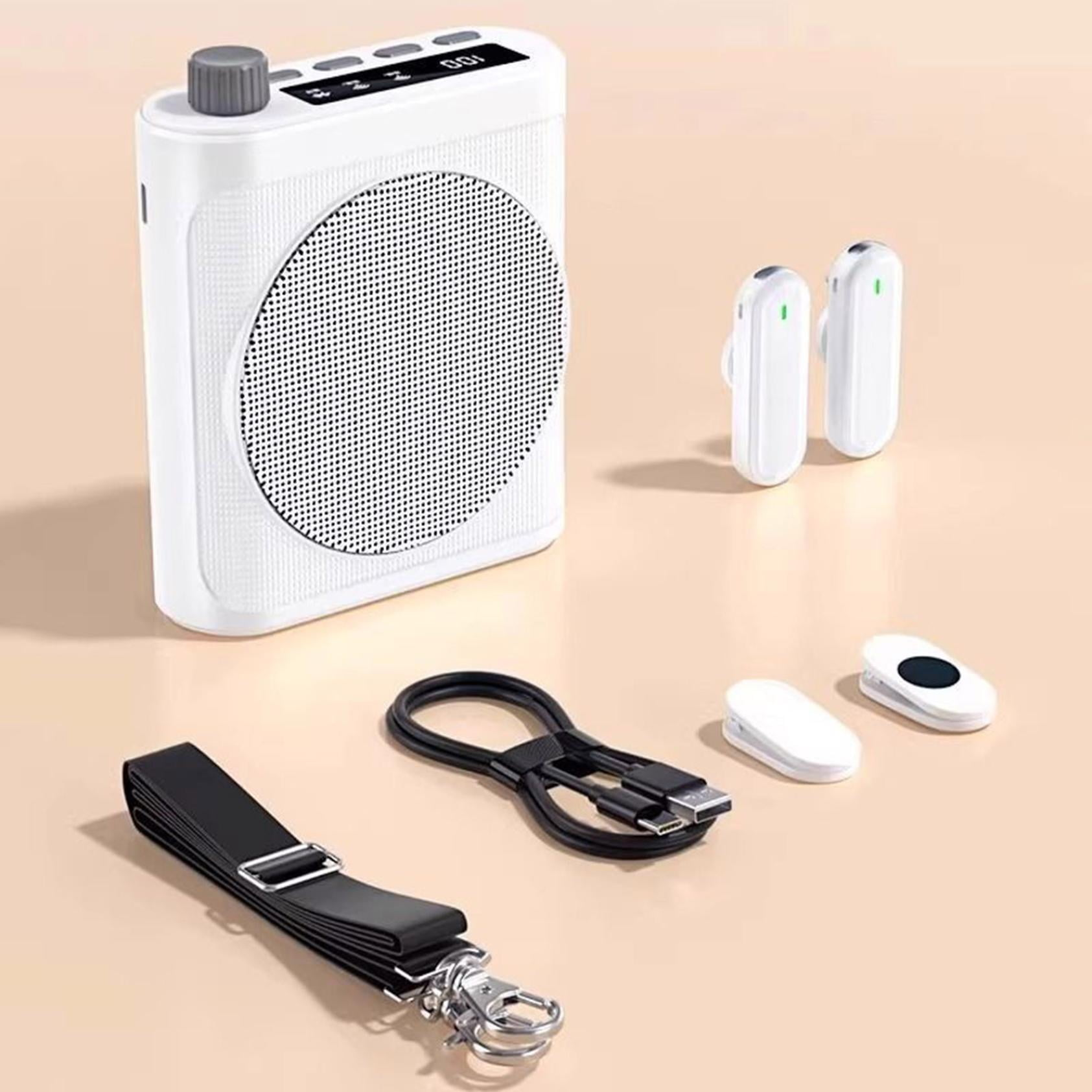 Ein weißer Lautsprecher, zwei Mikrofone, ein USB-Kabel, Clip-Zubehör und ein Tragegurt auf beigem Hintergrund.
