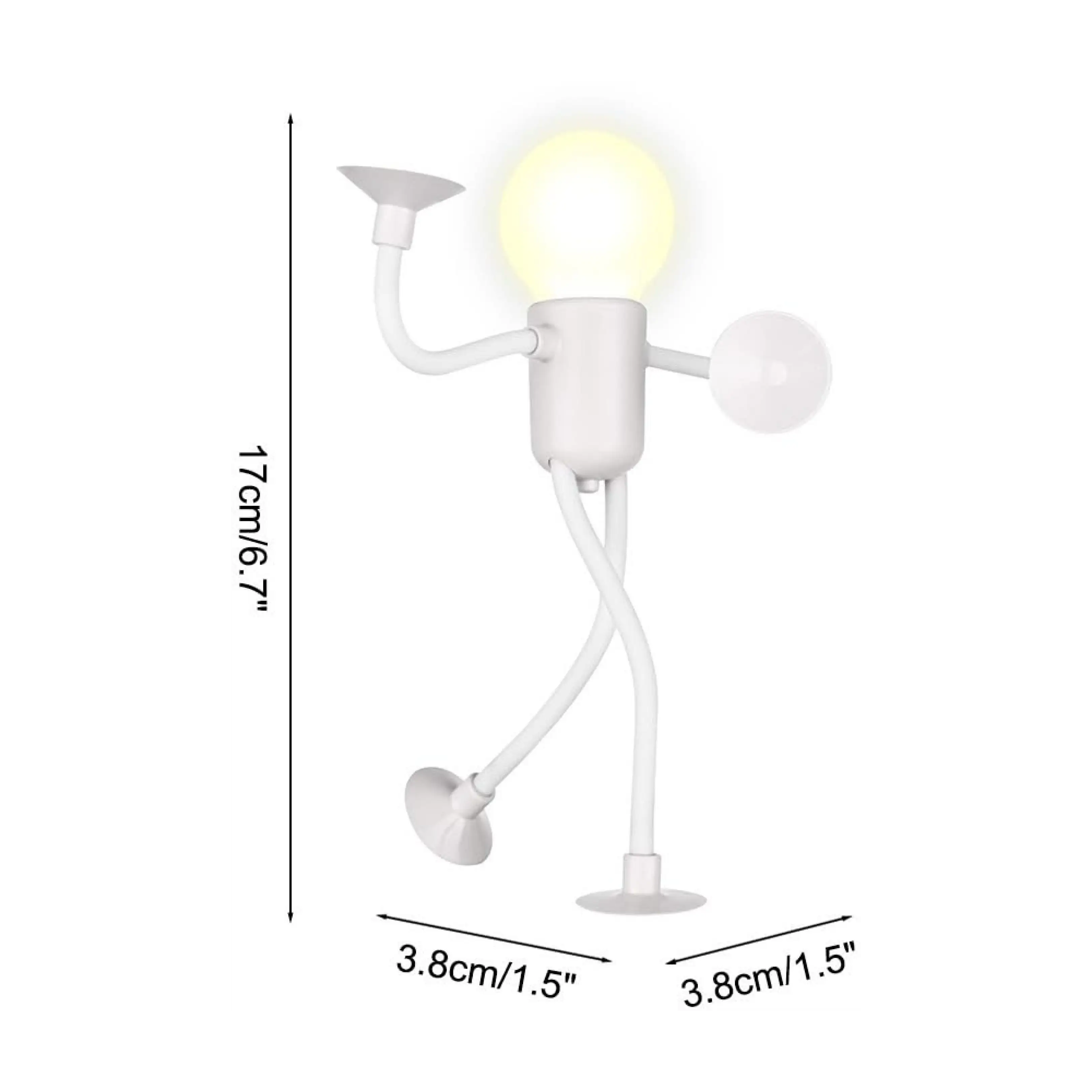 Eine kleine weiße Roboterlampe mit beleuchtetem Kopf und Maßen von 17cm Höhe und 3,8cm Breite.