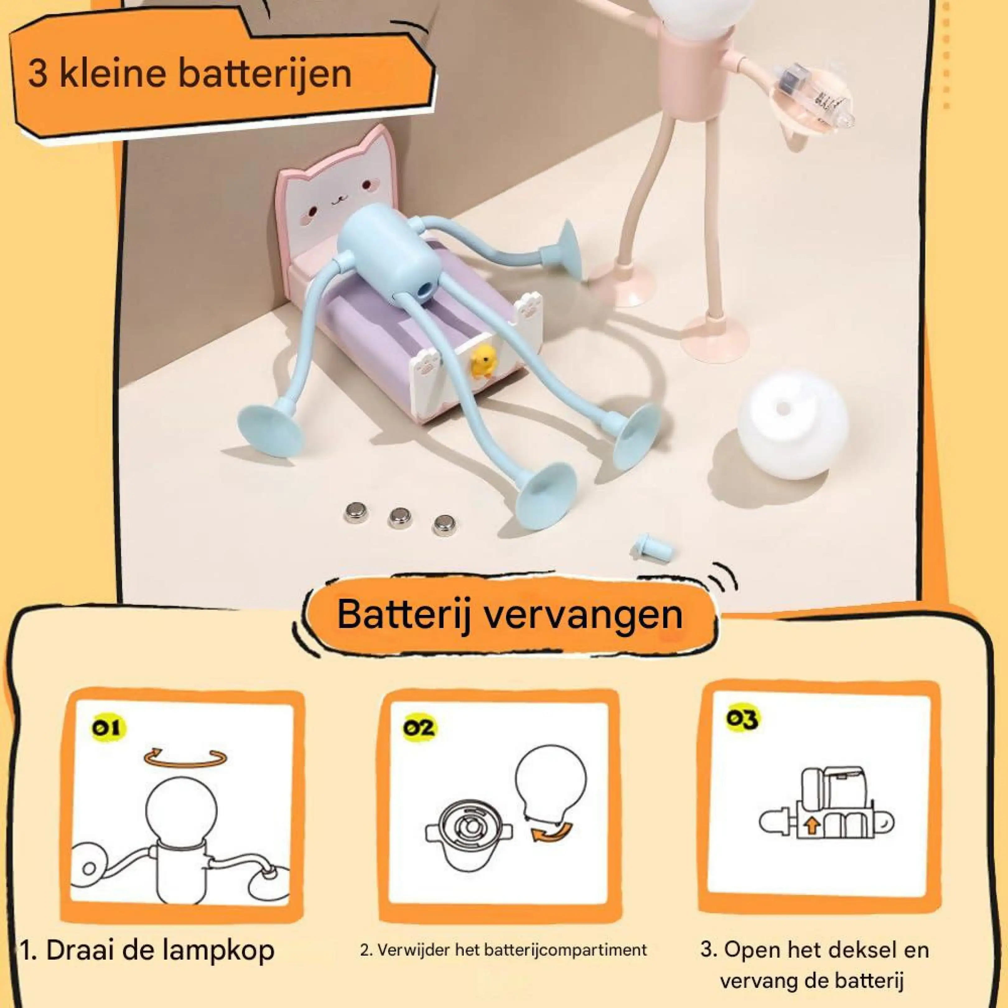 Anleitung zum Batteriewechsel einer biegsamen Katzen- und Figurenlampe mit drei kleinen Batterien.