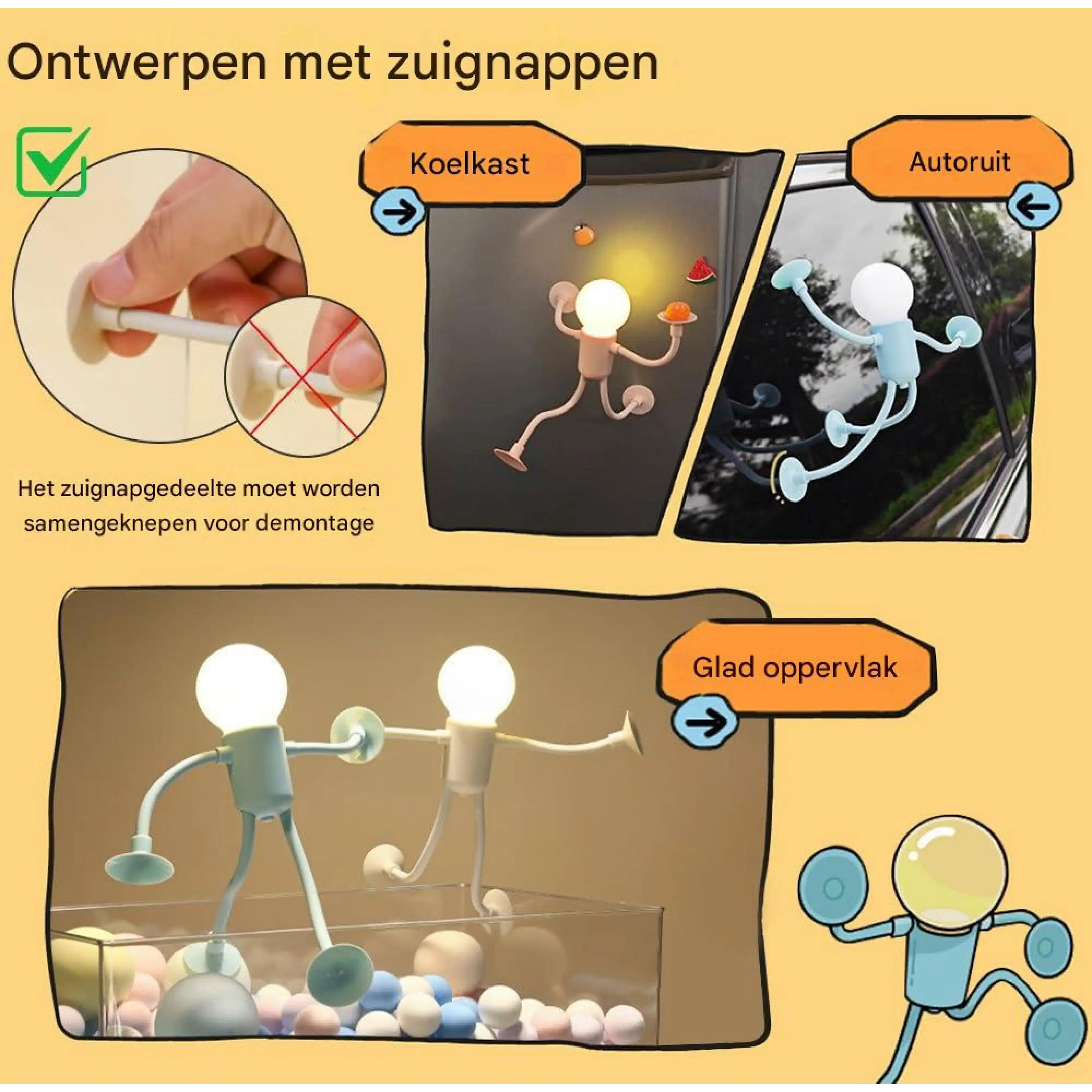 Anleitungsbilder für flexible kleine Lampen mit Saugnäpfen auf Oberflächen wie Kühlschränken und Autofenstern.