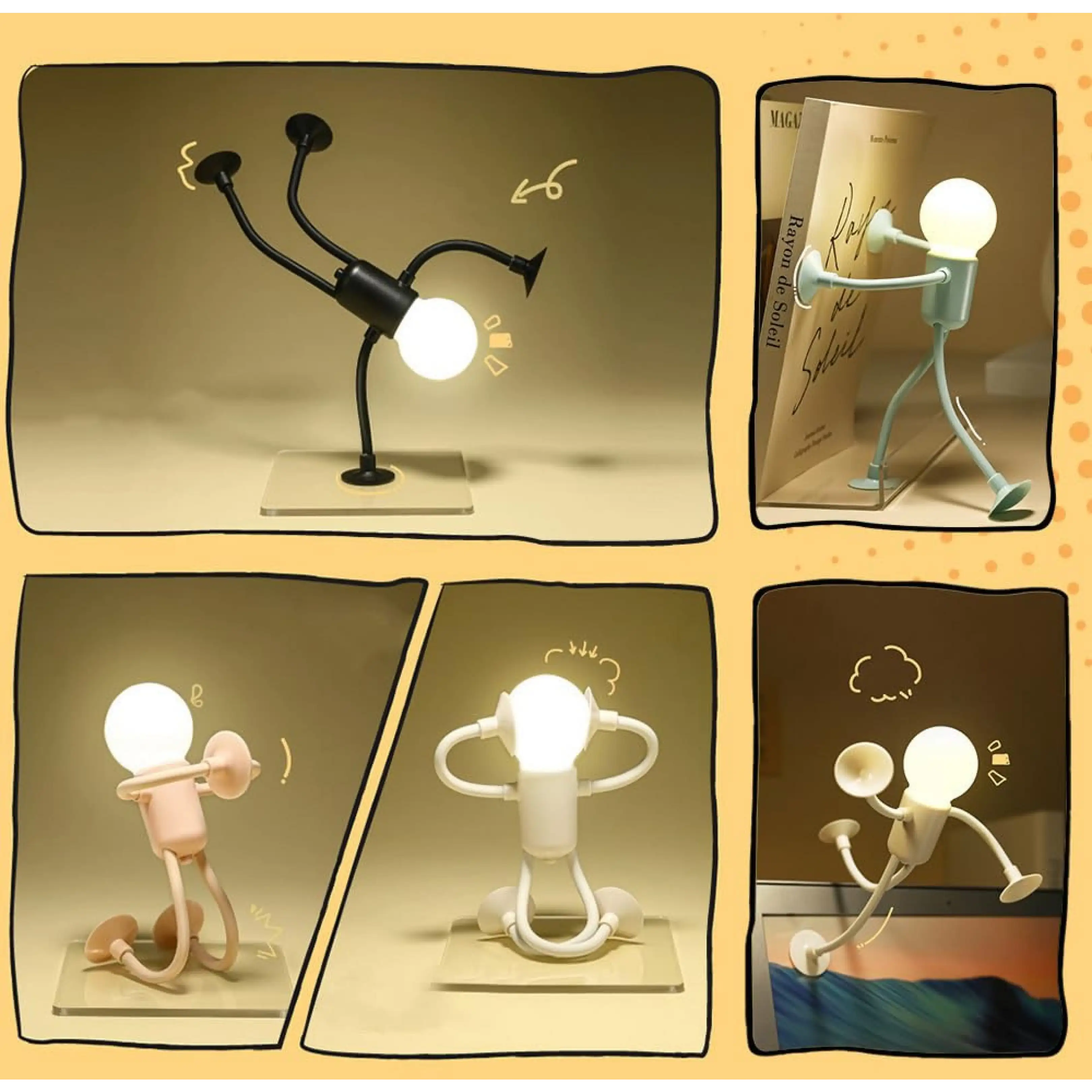 Flexible kleine Figuren mit glühenden runden Köpfen in verschiedenen Posen vor gelbem Hintergrund.