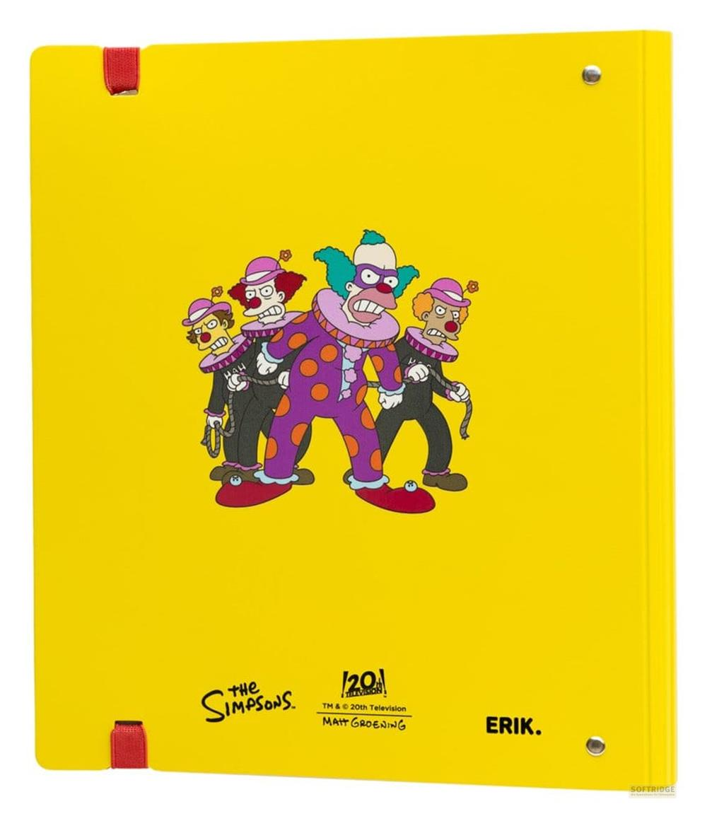 Ein gelber Ordner mit Krusty dem Clown und drei kleineren Figuren im Zentrum.