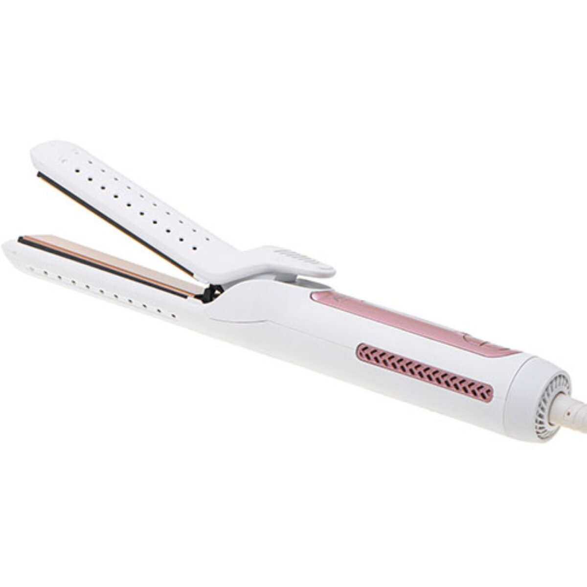 Ein weißer Haarglätter mit roségoldenen Akzenten und Belüftungslöchern auf einer Seite, der auf einer weißen Fläche ruht.