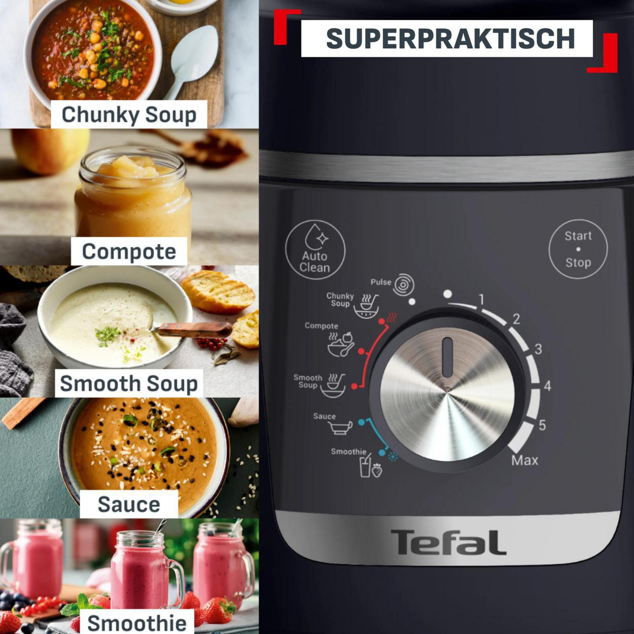 Un frullatore Tefal scuro con impostazioni per zuppa, composta, salsa e frullato con esempi di cibi.