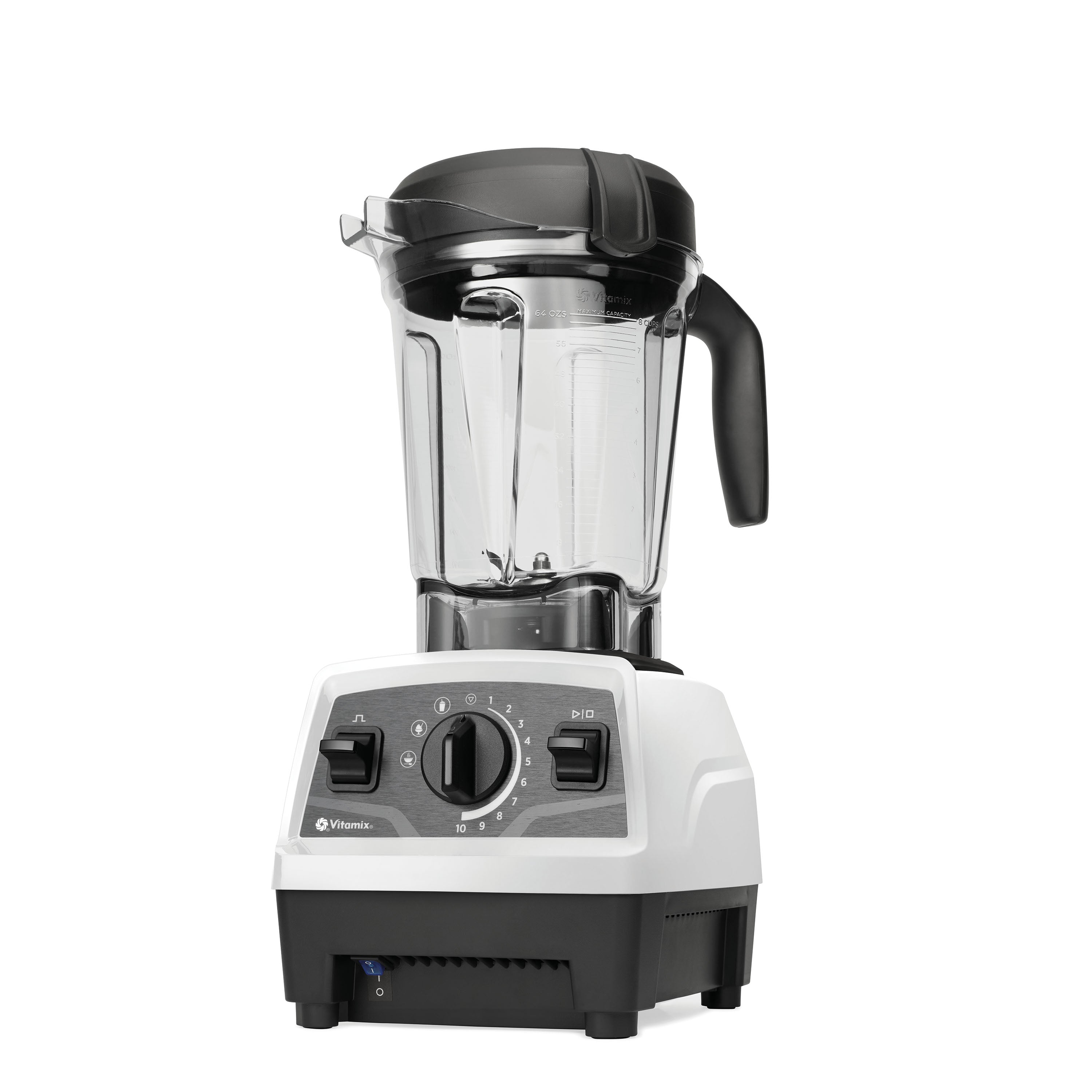 Un frullatore Vitamix bianco e nero con contenitore trasparente, coperchio nero, manopola di velocità e interruttori.