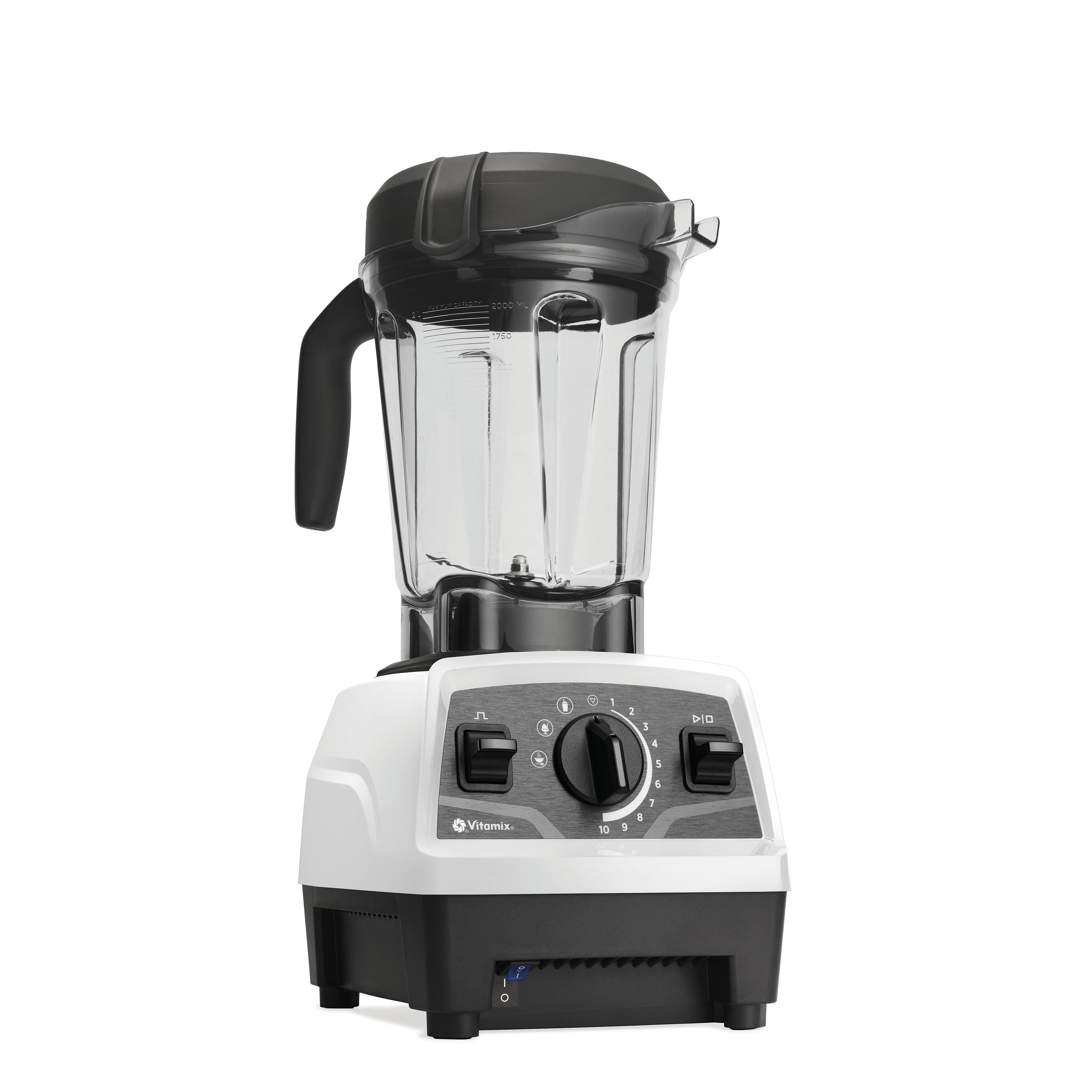 Un frullatore Vitamix bianco e nero con caraffa trasparente e manopola di velocità su fondo bianco.