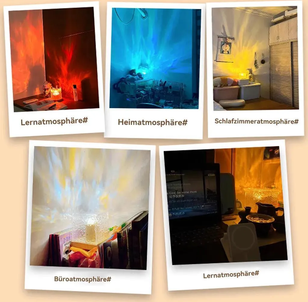 Fünf Polaroids zeigen eine Kristalllampe, die lebhafte Lichtmuster in verschiedene Räume projiziert.