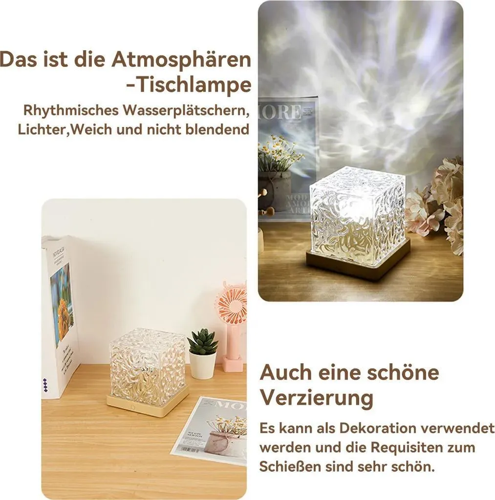 Eine dekorative, würfelförmige Tischlampe auf Holzbasis mit Wasserwellen-Lichteffekt und deutschem Text.