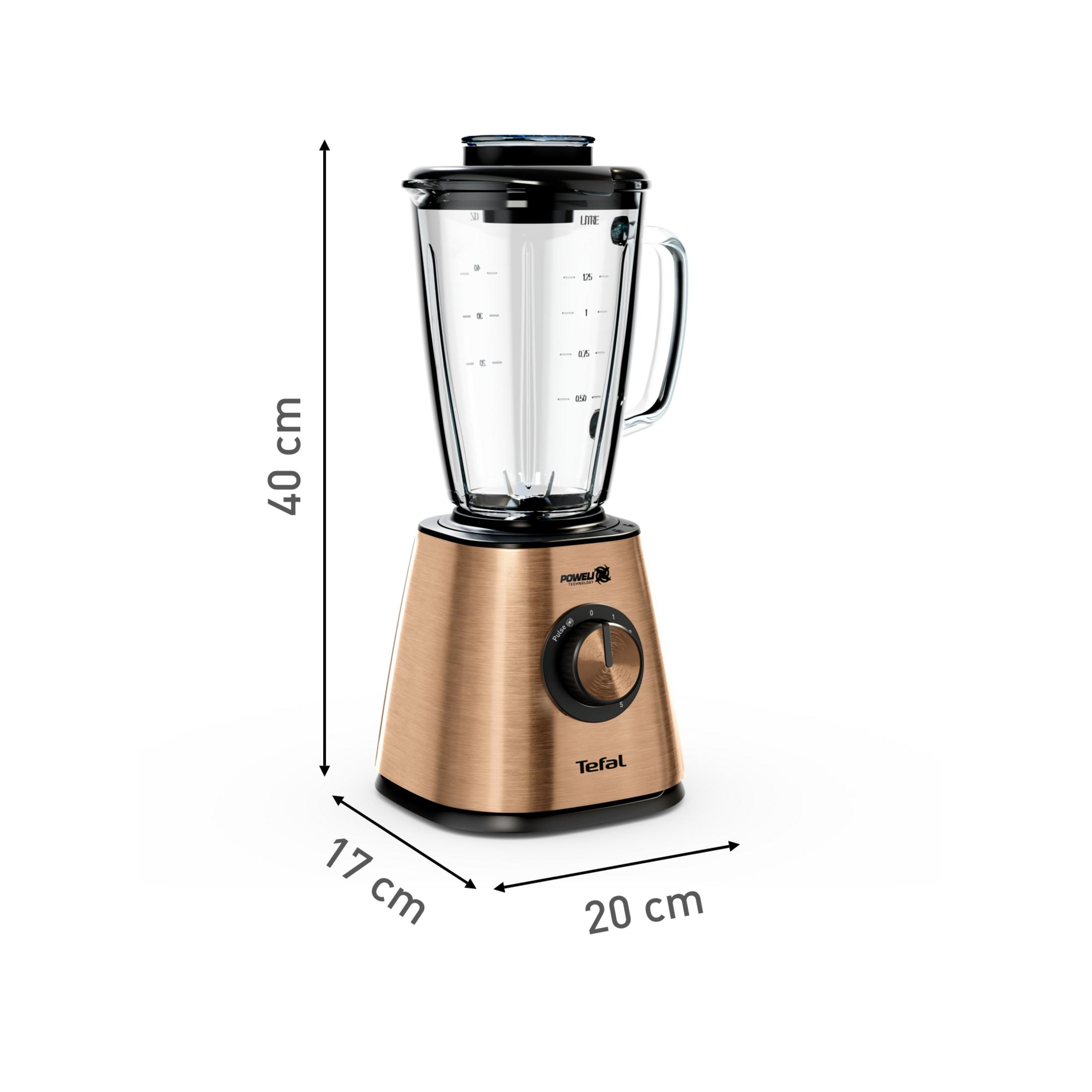 Frullatore Tefal color rame con dimensioni di 40 cm di altezza.