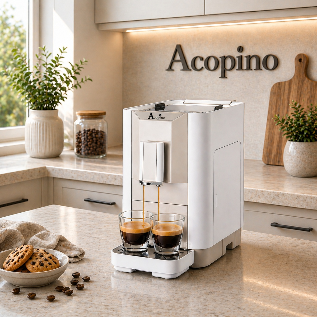 Una macchina da caffè bianca Acopino eroga espresso in due bicchieri su un bancone da cucina con biscotti.