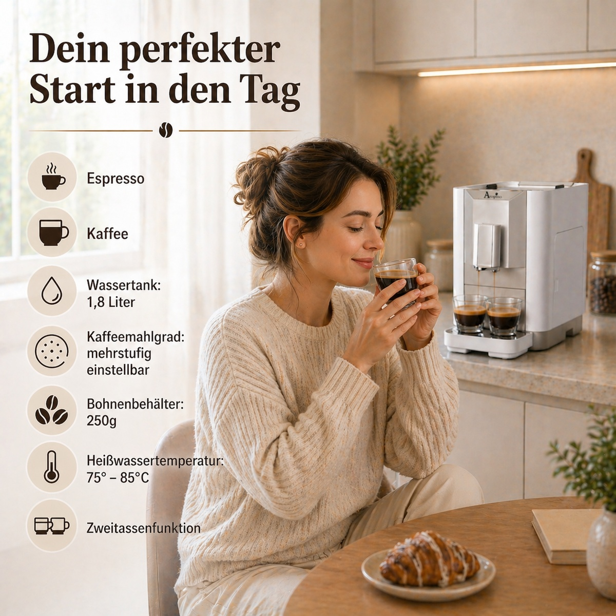 Una donna gusta un espresso in una cucina luminosa vicino a una macchina da caffè bianca.