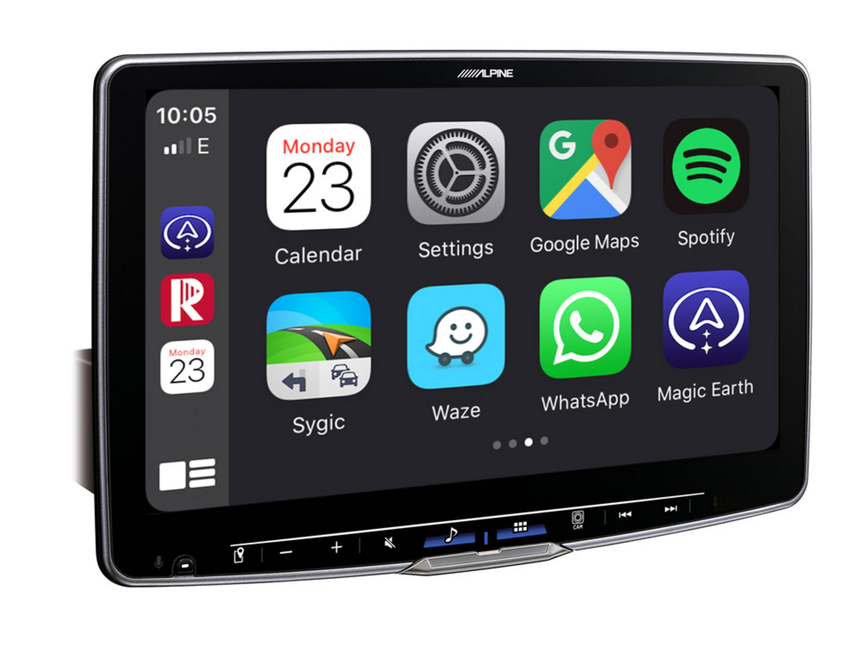 Ein Alpine Autoradio-Bildschirm zeigt verschiedene App-Symbole wie Kalender, Google Maps, Spotify und WhatsApp.