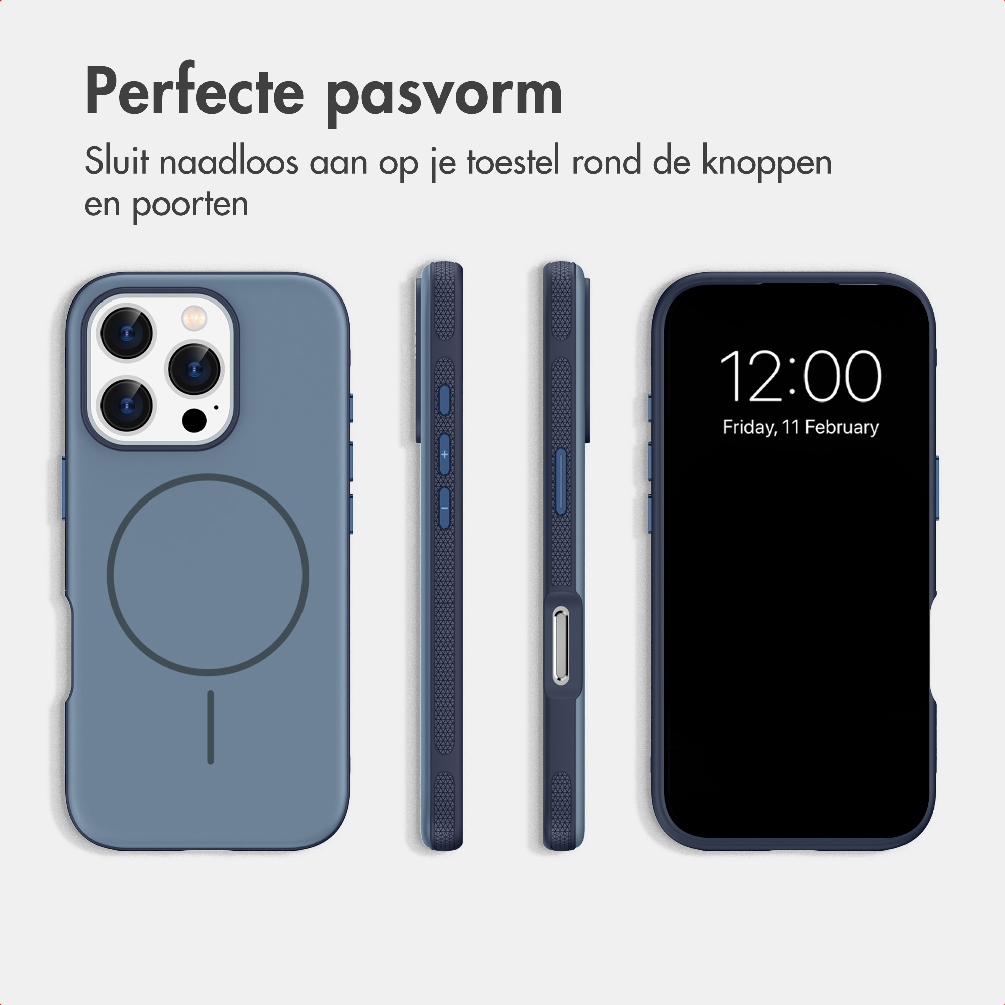 Eine blaue Handyhülle, gezeigt von hinten, der Seite und vorne mit einem Smartphone.