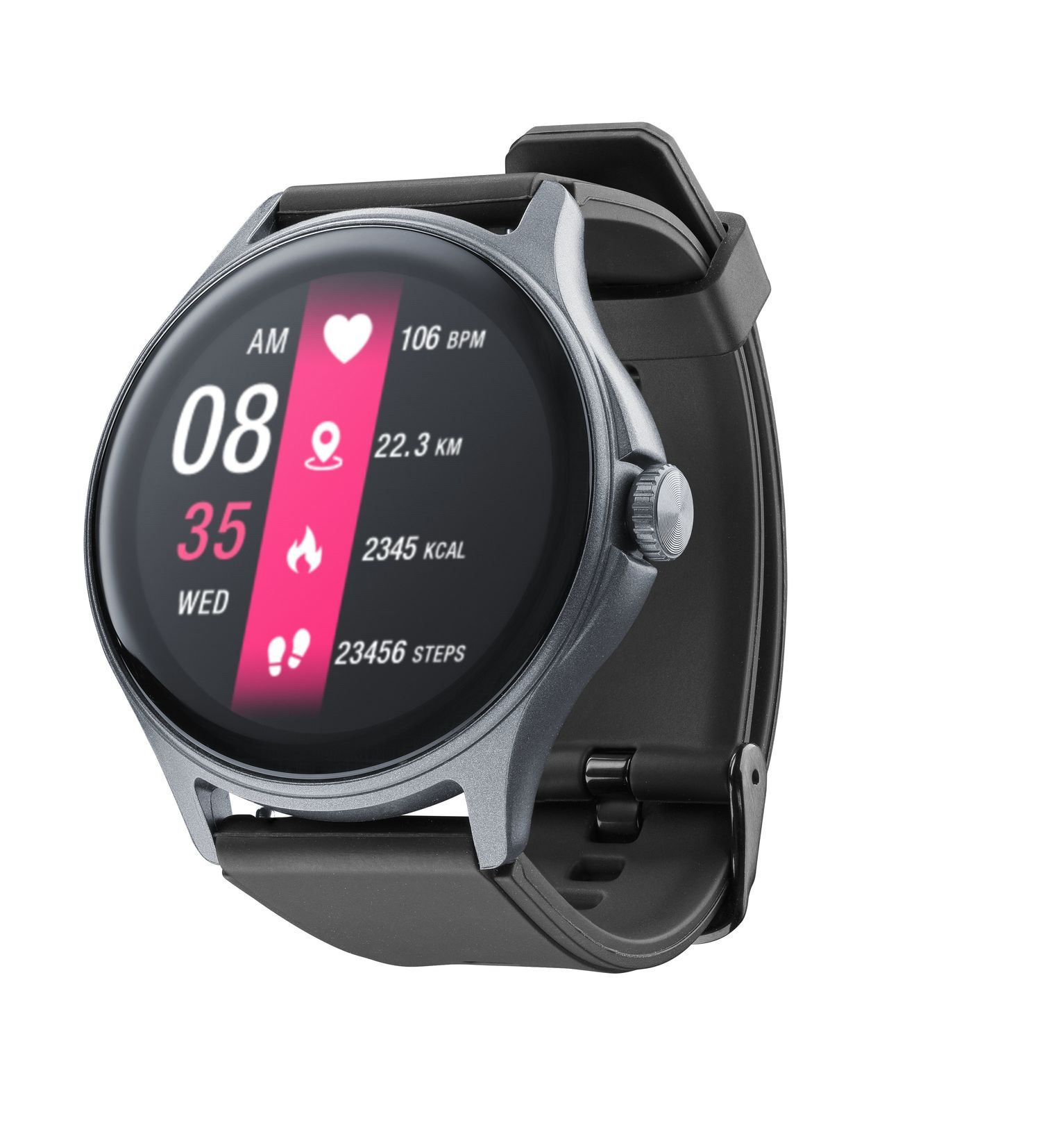 Eine graue Smartwatch mit schwarzem Armband und digitalem Display zeigt Uhrzeit, Herzfrequenz und Fitnessdaten.