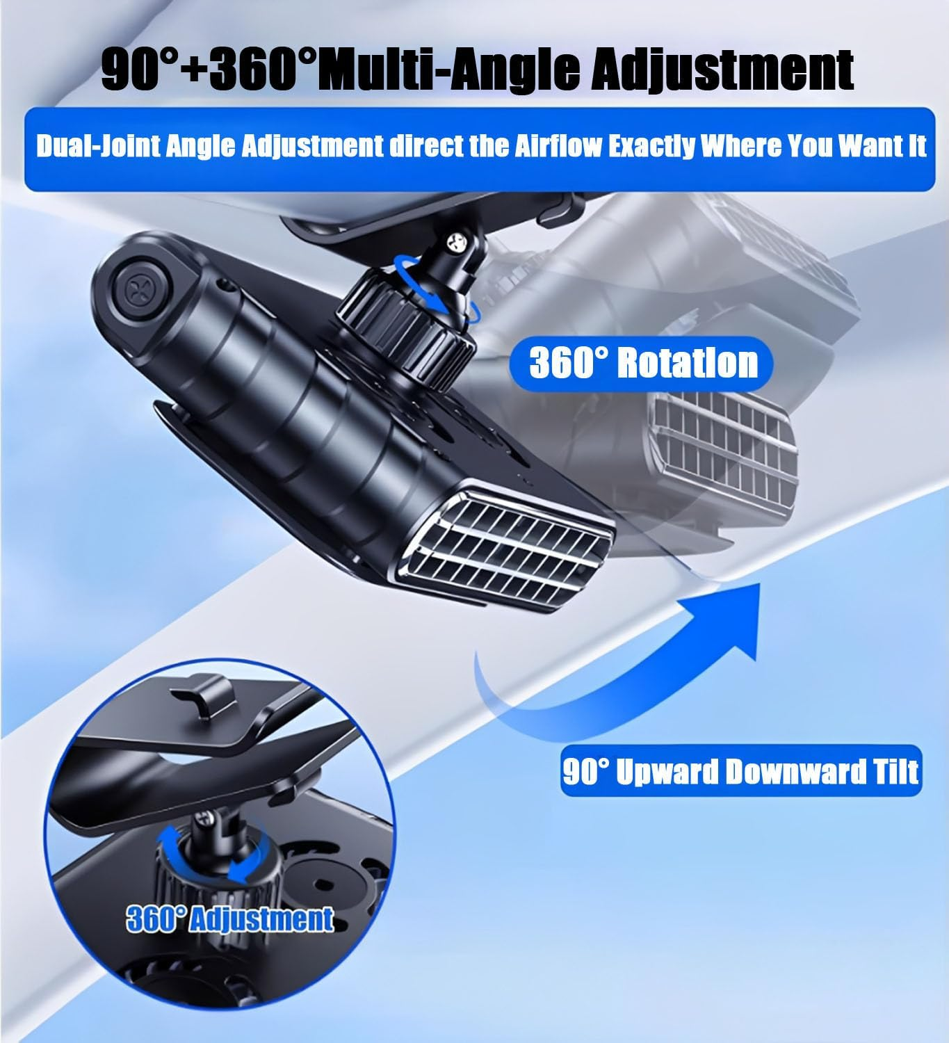 Ein schwarzer Autoventilator mit 360-Grad-Drehung und 90-Grad-Neigung.