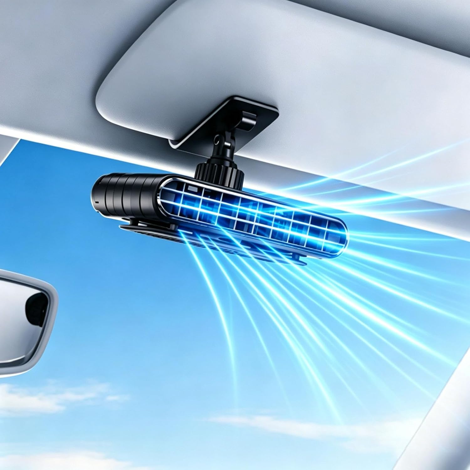 Ein schwarzer Autoventilator ist an der Sonnenblende befestigt und bläst blaue Luftlinien.
