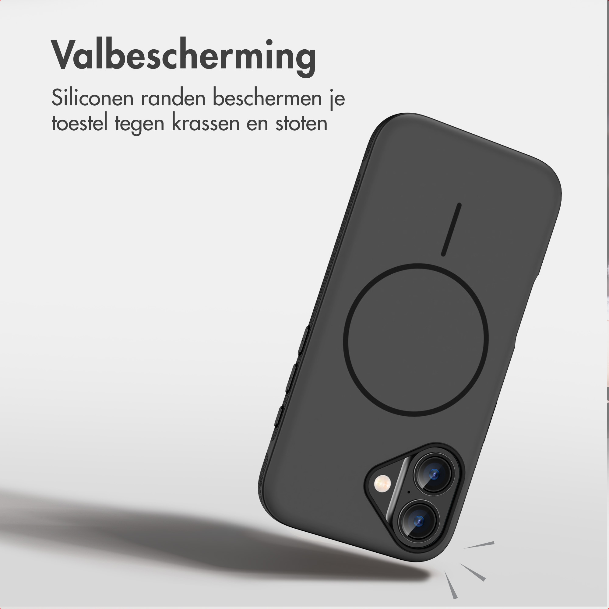 Eine schwarze Handytasche mit MagSafe-Ring und Kamera-Aussparung vor hellem Hintergrund mit niederländischem Text.