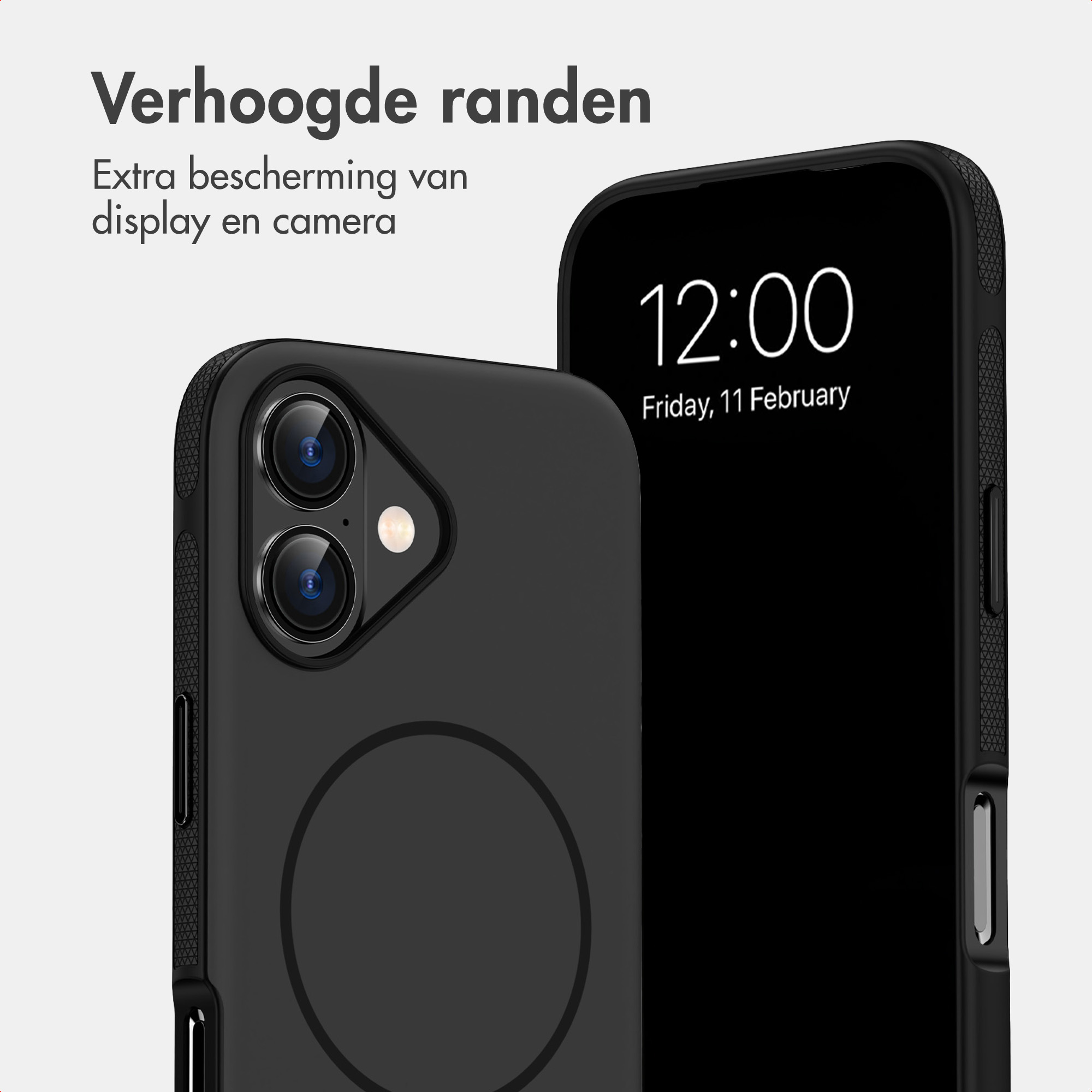 Zwei schwarze Smartphone-Hüllen, eine zeigt die Kamera und die andere das Display mit der Uhrzeit.