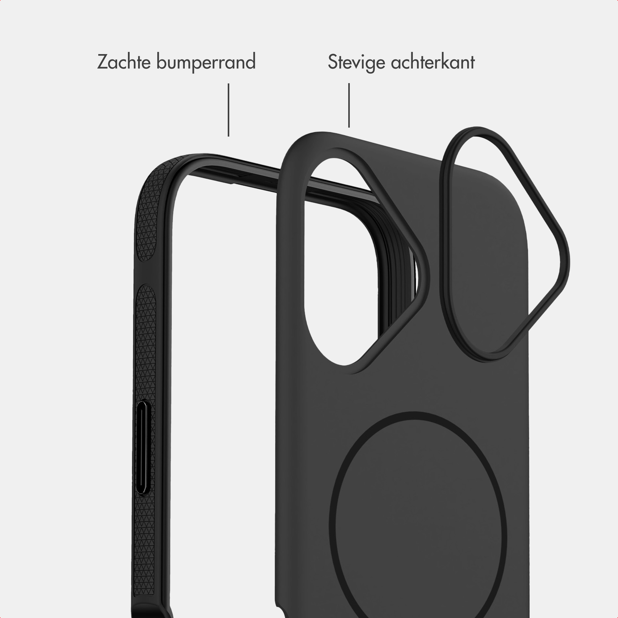 Eine schwarze Handytasche mit weichem Rand und stabiler Rückseite, niederländische Beschriftung.