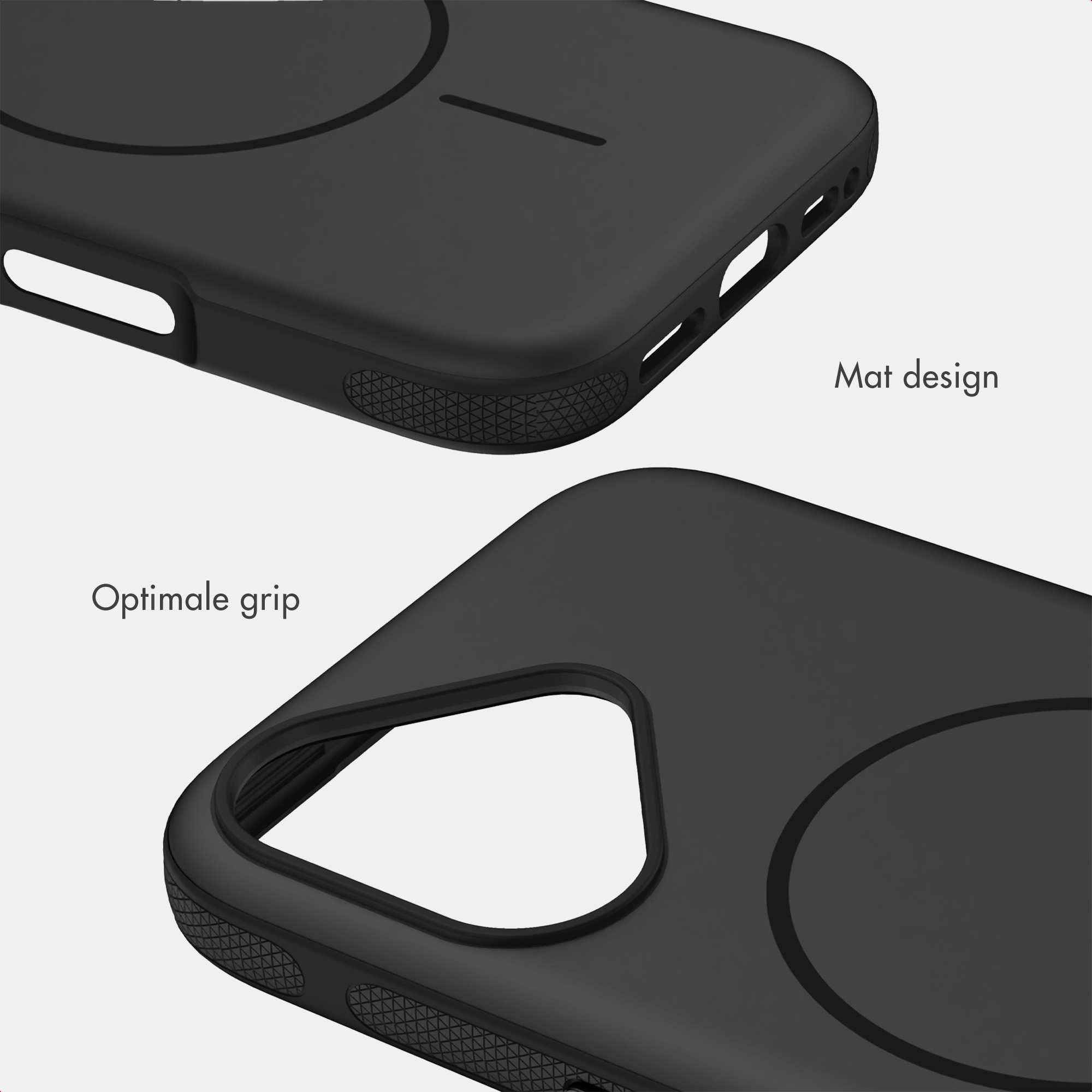 Schwarze Handyhülle mit mattem Design und strukturiertem Griff.