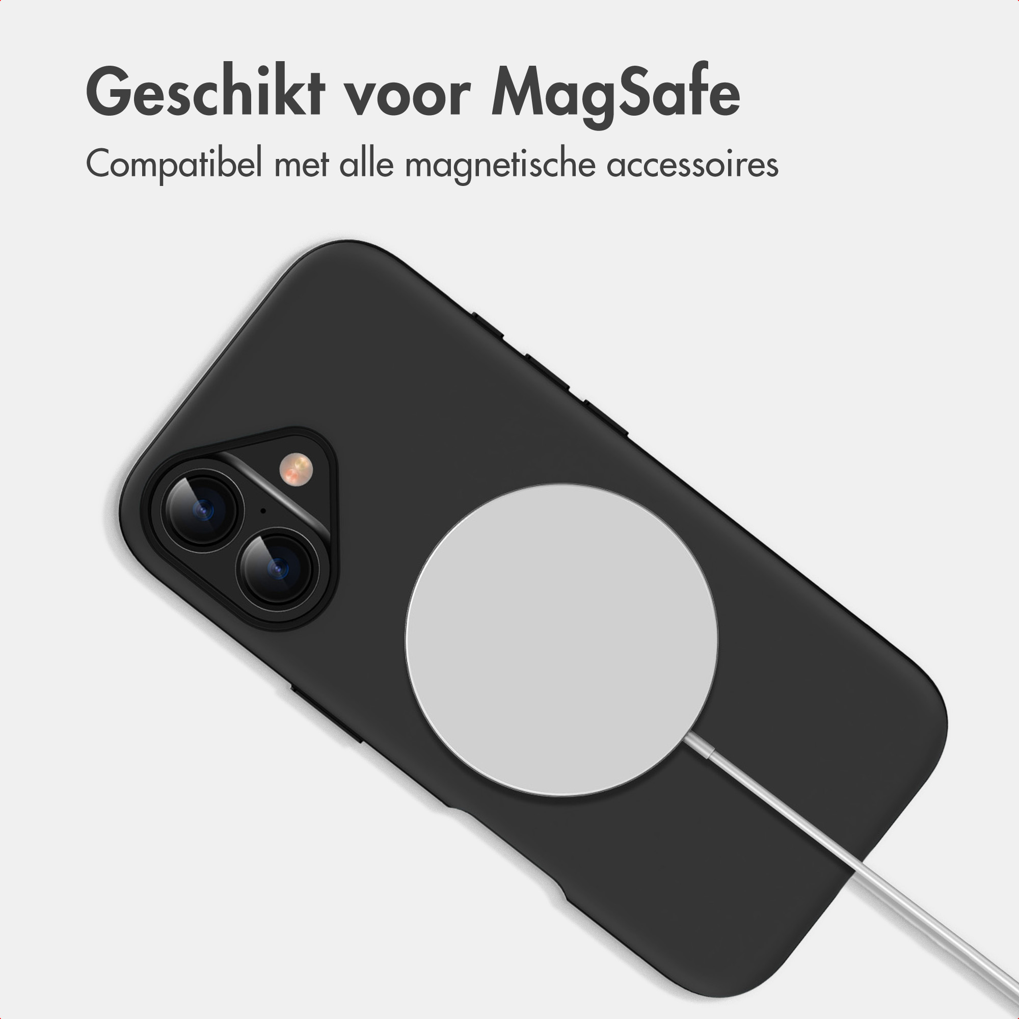 Eine schwarze Handyhülle mit MagSafe-Ladegerät auf der Rückseite und niederländischem Text oben.