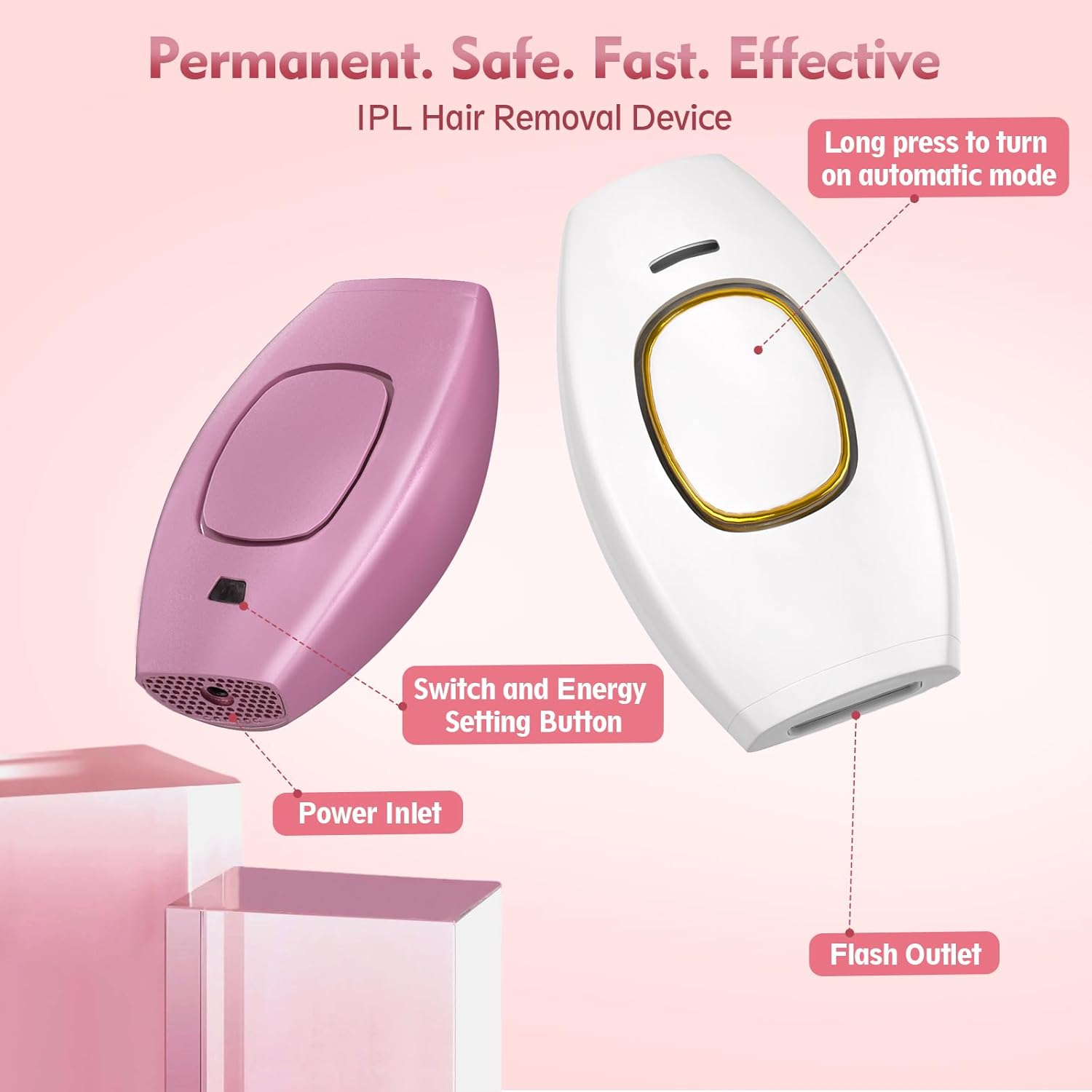 Zwei IPL-Haarentfernungsgeräte in Rosa und Weiß mit beschrifteten Bedienelementen vor rosafarbenem Hintergrund.