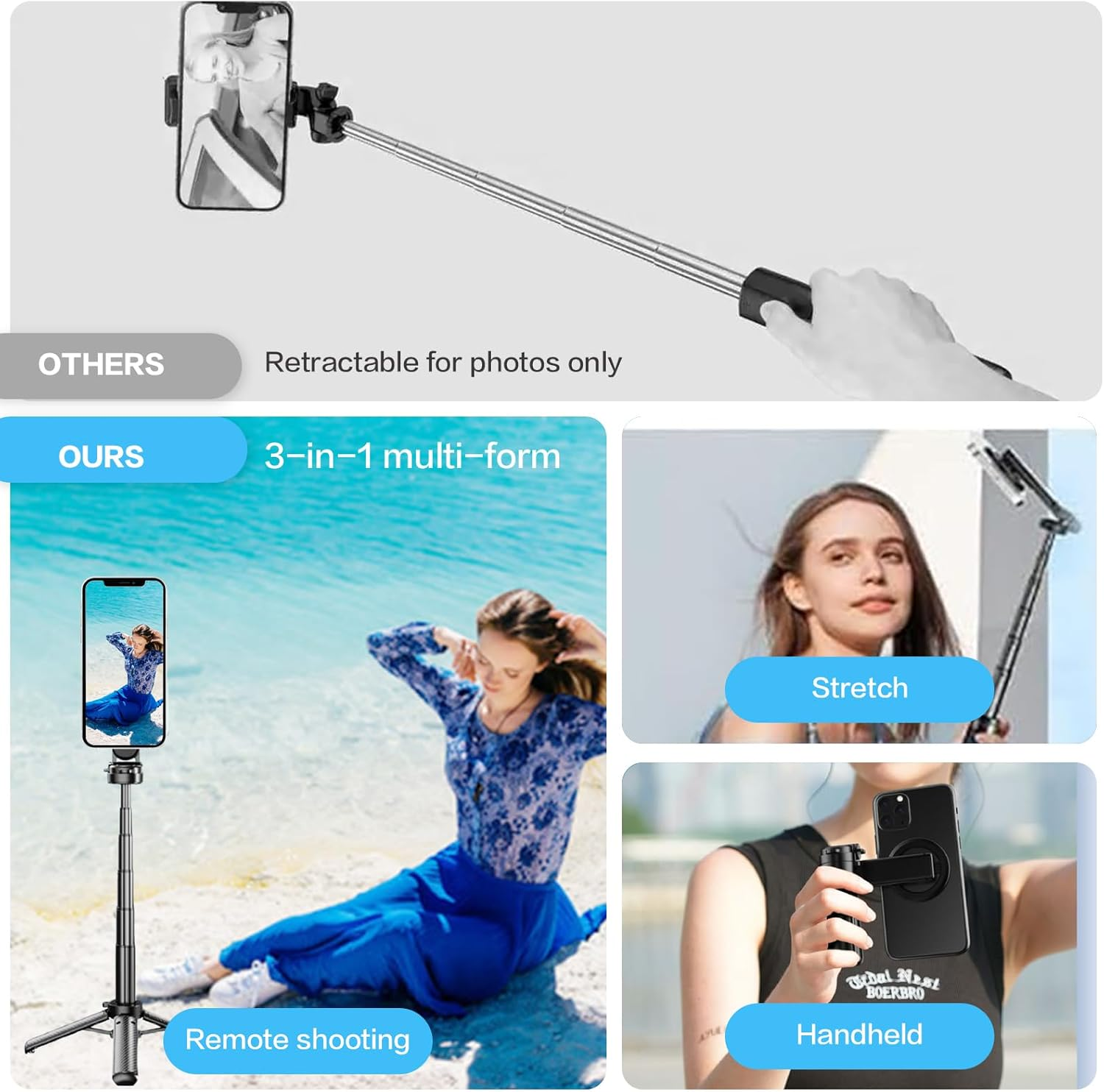 Ein Teleskop-Selfie-Stick mit dreifacher Funktion für Fotos, Stativmodus und Handheld-Nutzung.