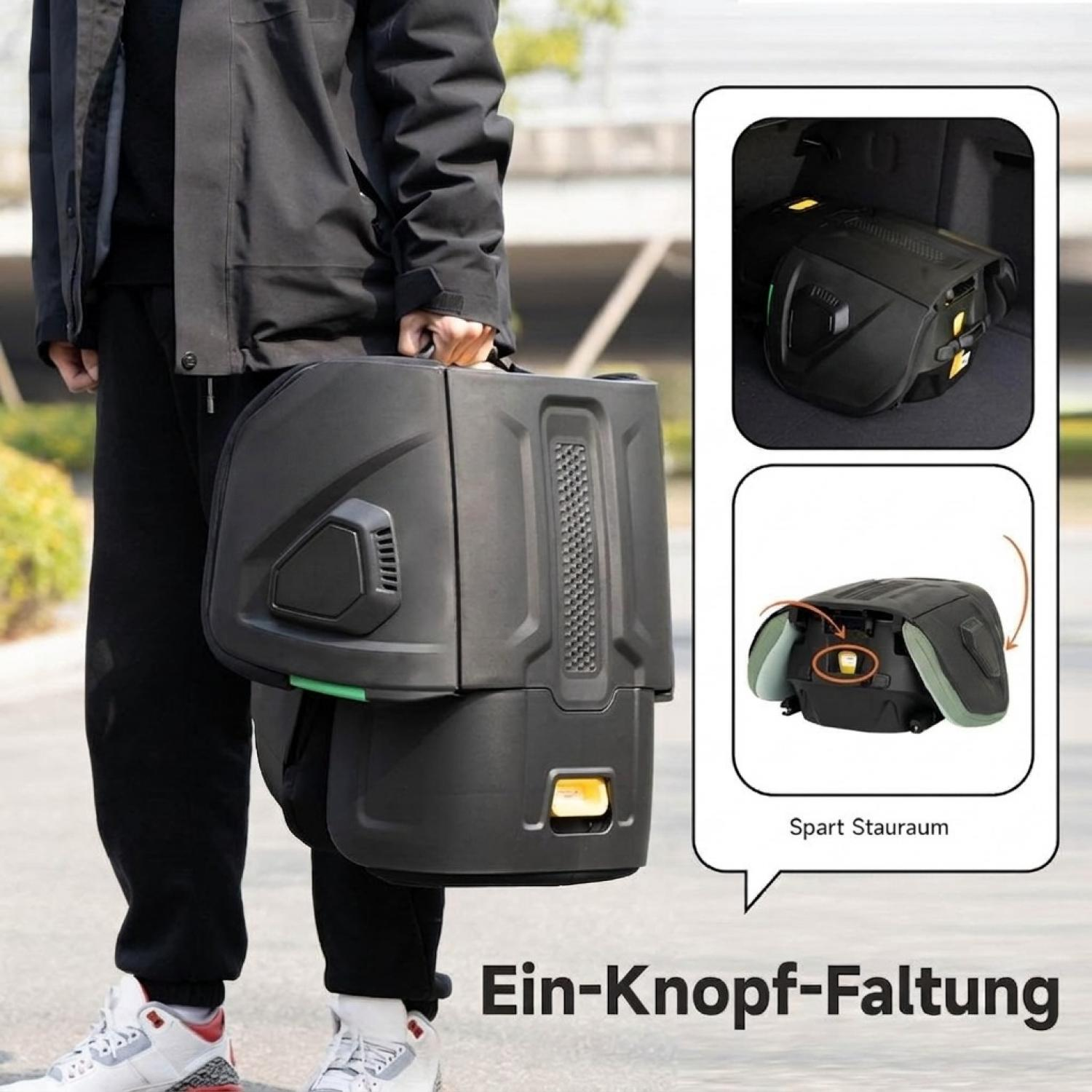 Eine Person hält eine schwarze faltbare Box, mit Einsetzbildern, die den Faltmechanismus zeigen.