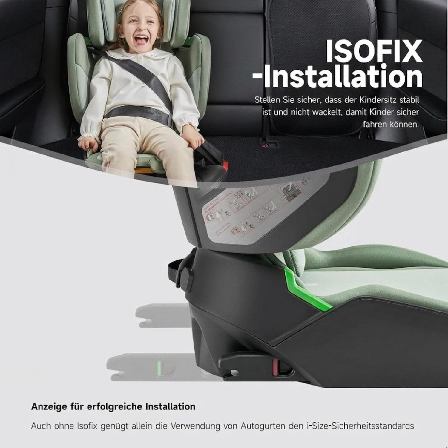Kind sitzt in grünem Kindersitz im Auto, Detailansicht der ISOFIX-Installation.