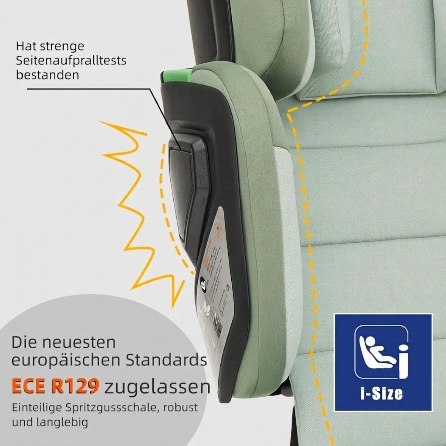 Grüner Kindersitz mit Seitenaufprallschutz und ECE R129 Zertifizierung.