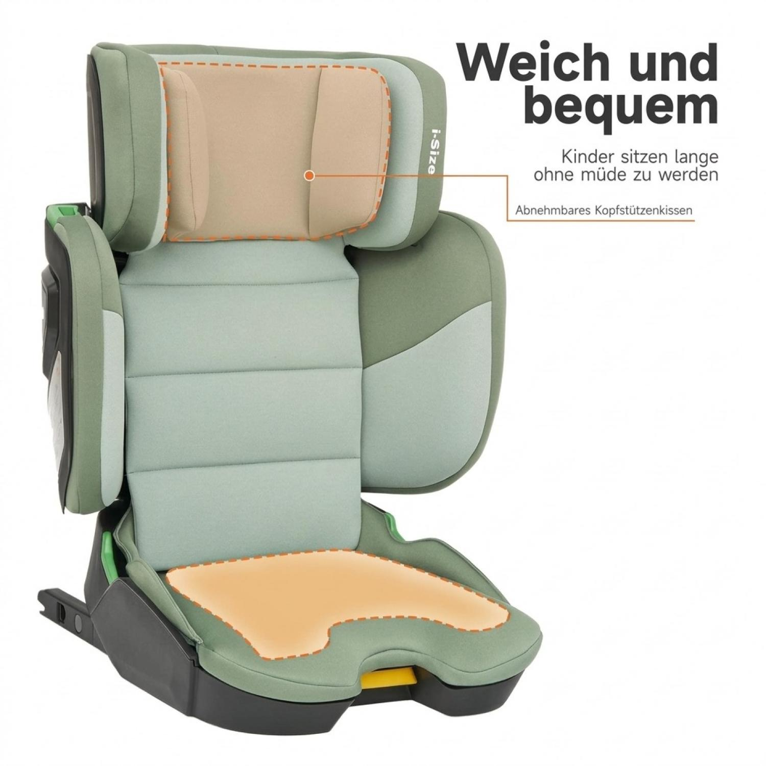 Grüner Kindersitz mit weichen, beigen Kissen für Kopf und Sitzfläche sowie deutschen Texten.
