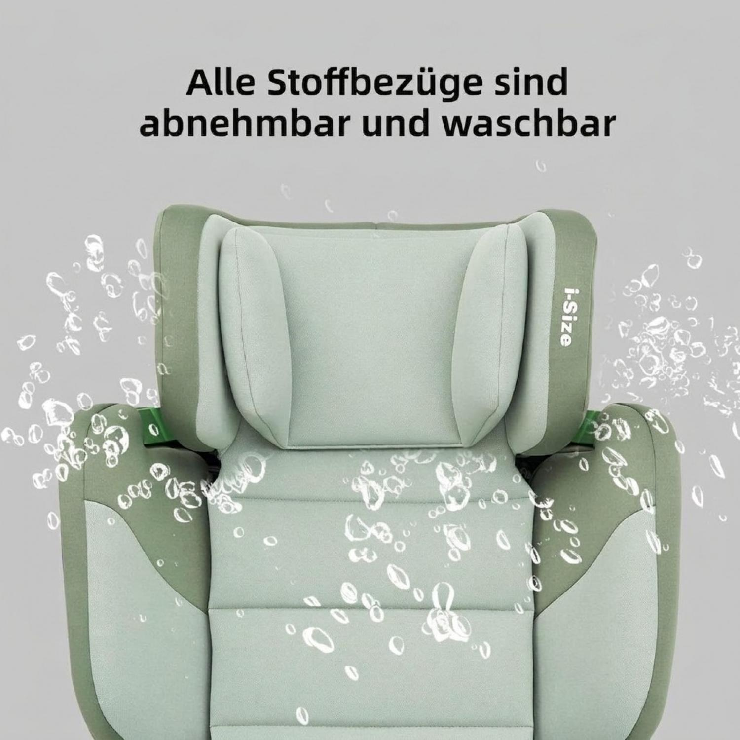 Grüner Kindersitz mit abnehmbaren, waschbaren Bezügen und Wassertropfen.
