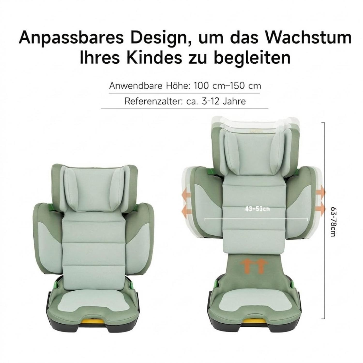 Verstellbarer grüner Kindersitz mit Maßen zur Höhen- und Breitenanpassung für wachsende Kinder.