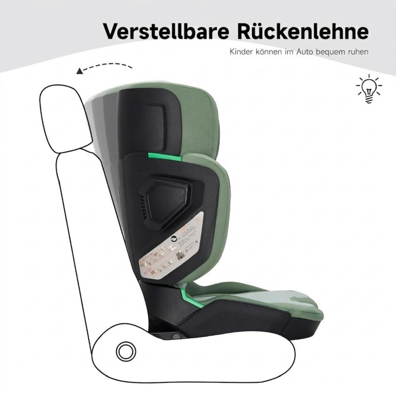 Grüner Kindersitz mit verstellbarer Rückenlehne im Autositz.