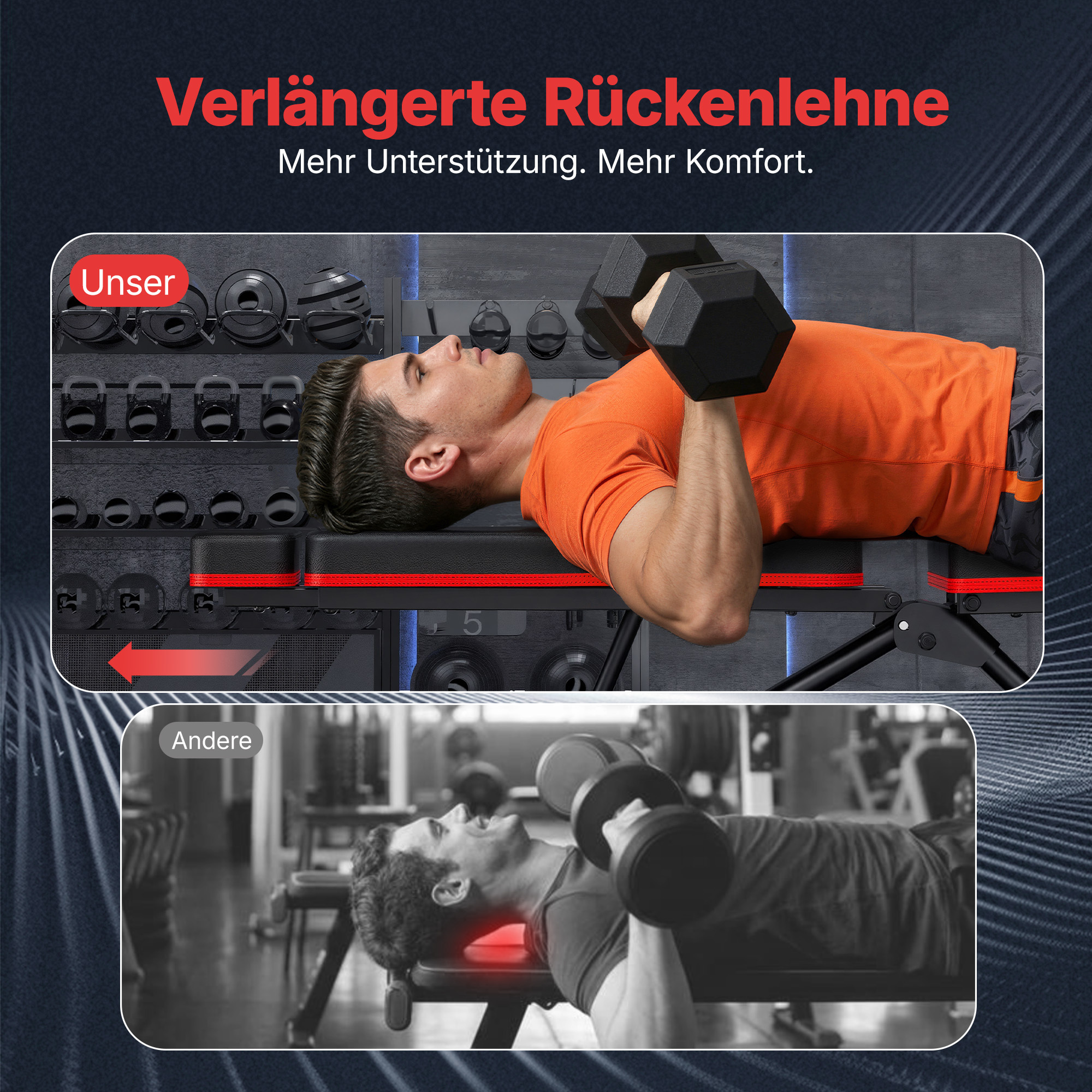 Vergleich zweier Männer beim Bankdrücken, einer auf einer Bank mit verlängerter Rückenlehne.