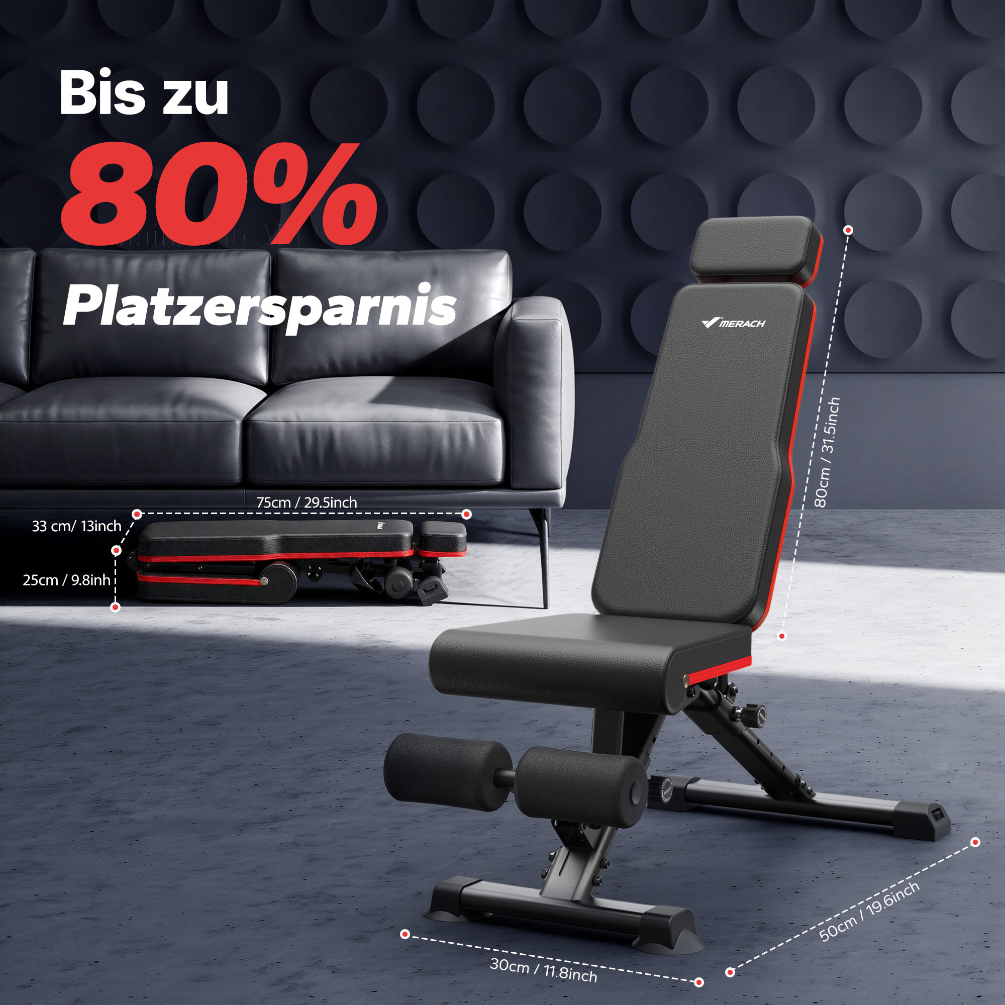 Verstellbare Fitnessbank mit Maßen vor einem grauen Sofa und Text zur Platzersparnis.