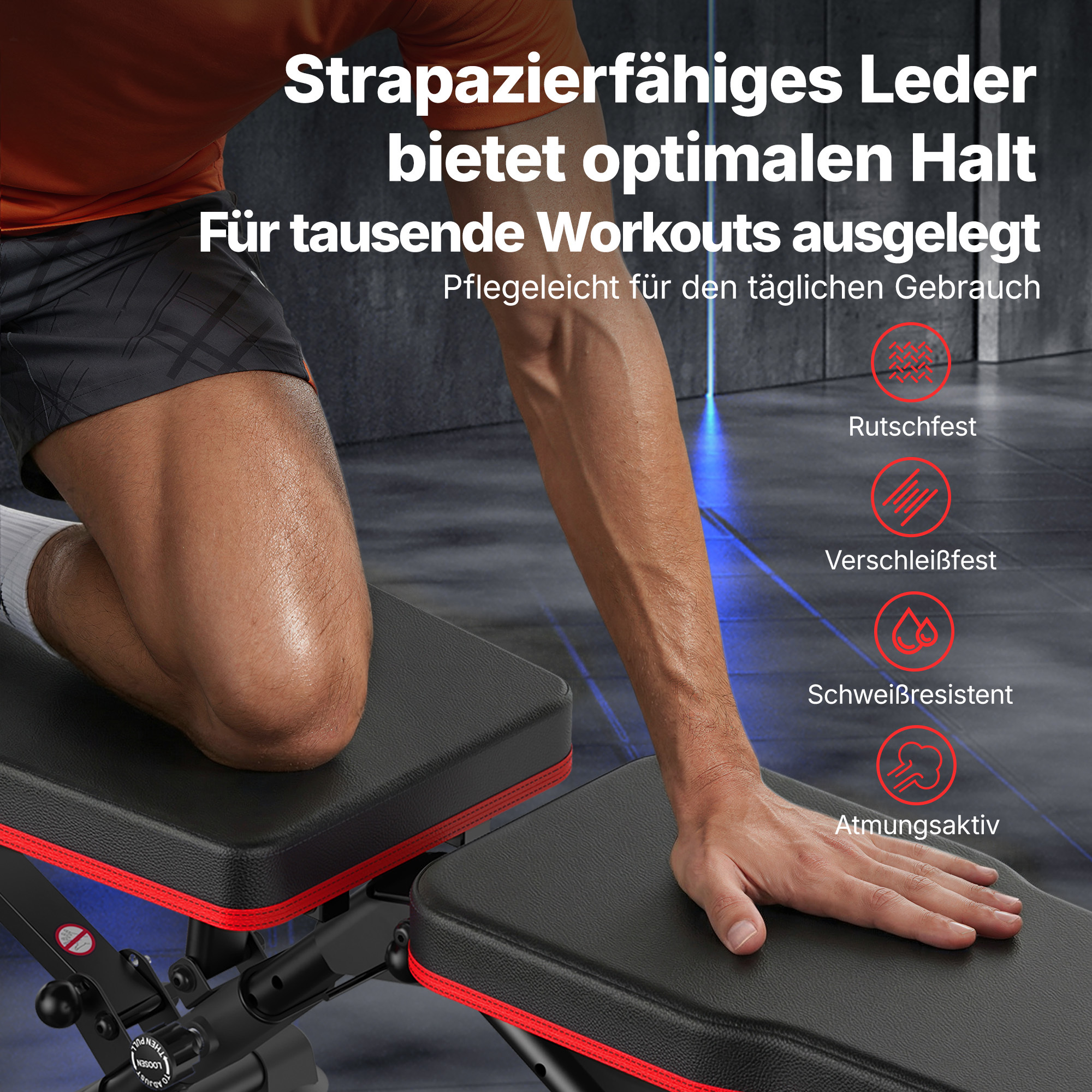 Eine Person knelt auf einer Trainingsbank mit Lederpolsterung und zeigt rutschfeste und schweißresistente Eigenschaften.