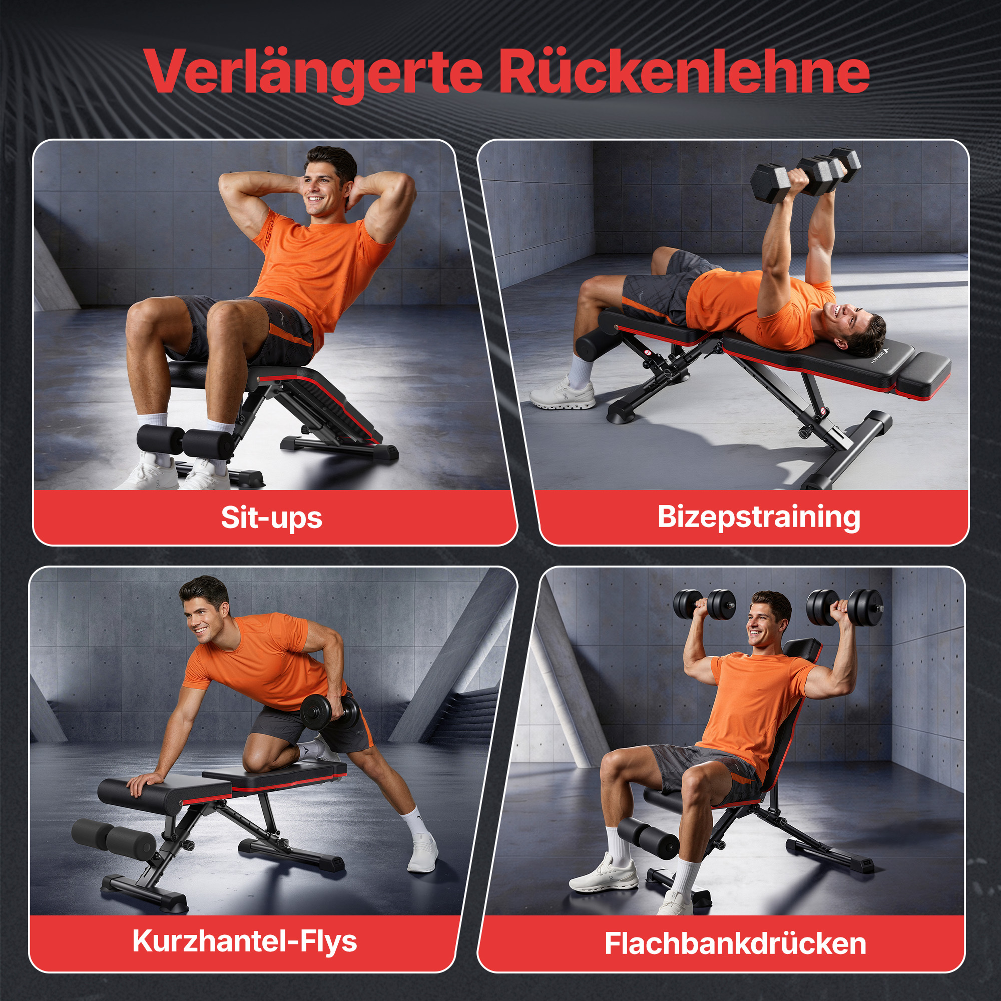 Ein Mann demonstriert vier verschiedene Übungen auf einer Trainingsbank mit roten Akzenten.