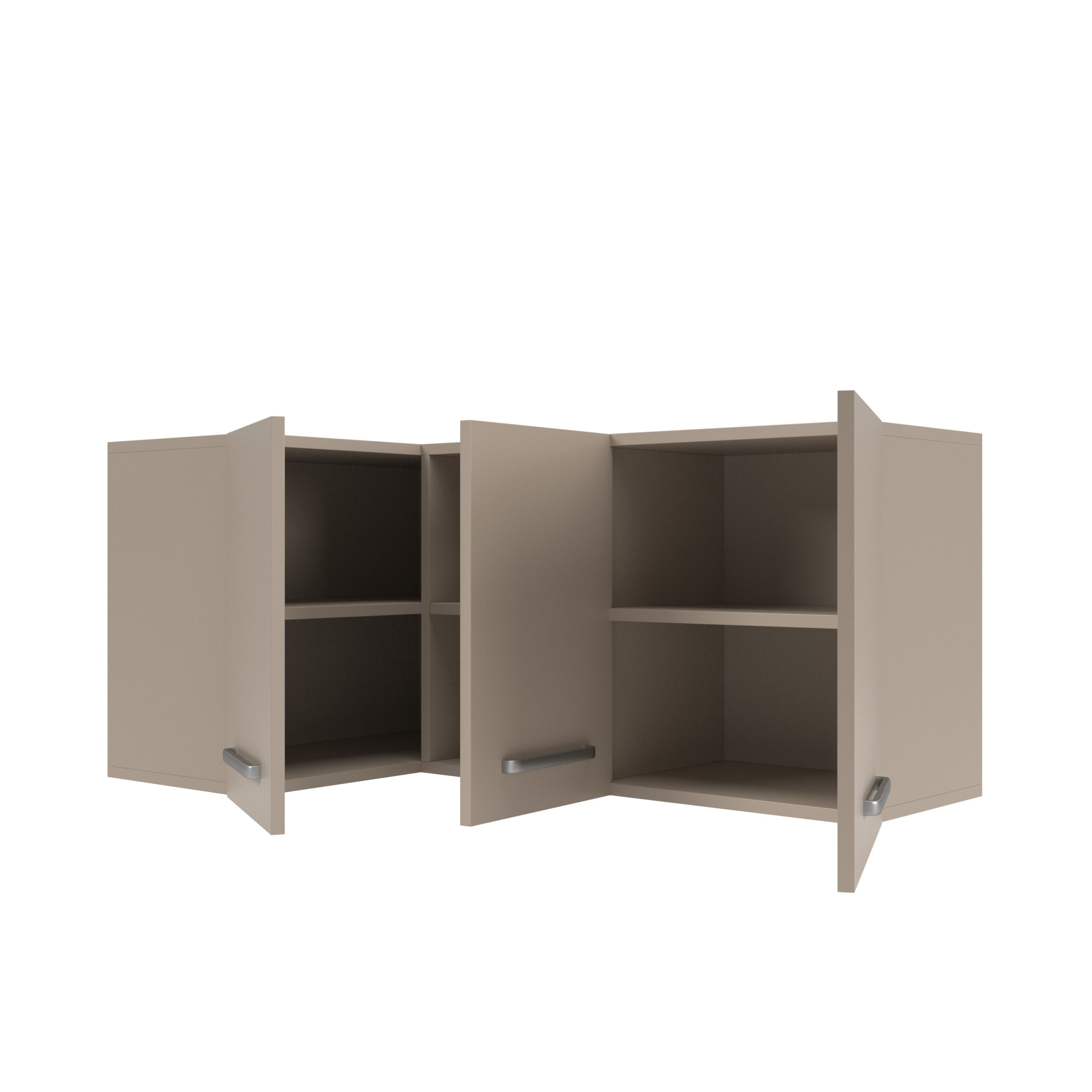 Beige Hängeschränke über Eck mit offenen Türen und Regalböden auf weißem Grund.