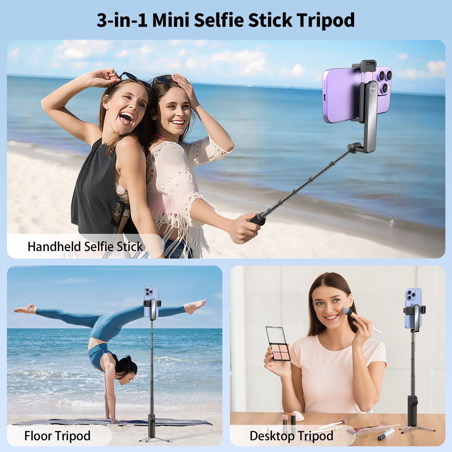 Ein 3-in-1-Mini-Selfiestick-Stativ wird am Strand und drinnen für Selfies, Yoga und Make-up verwendet.