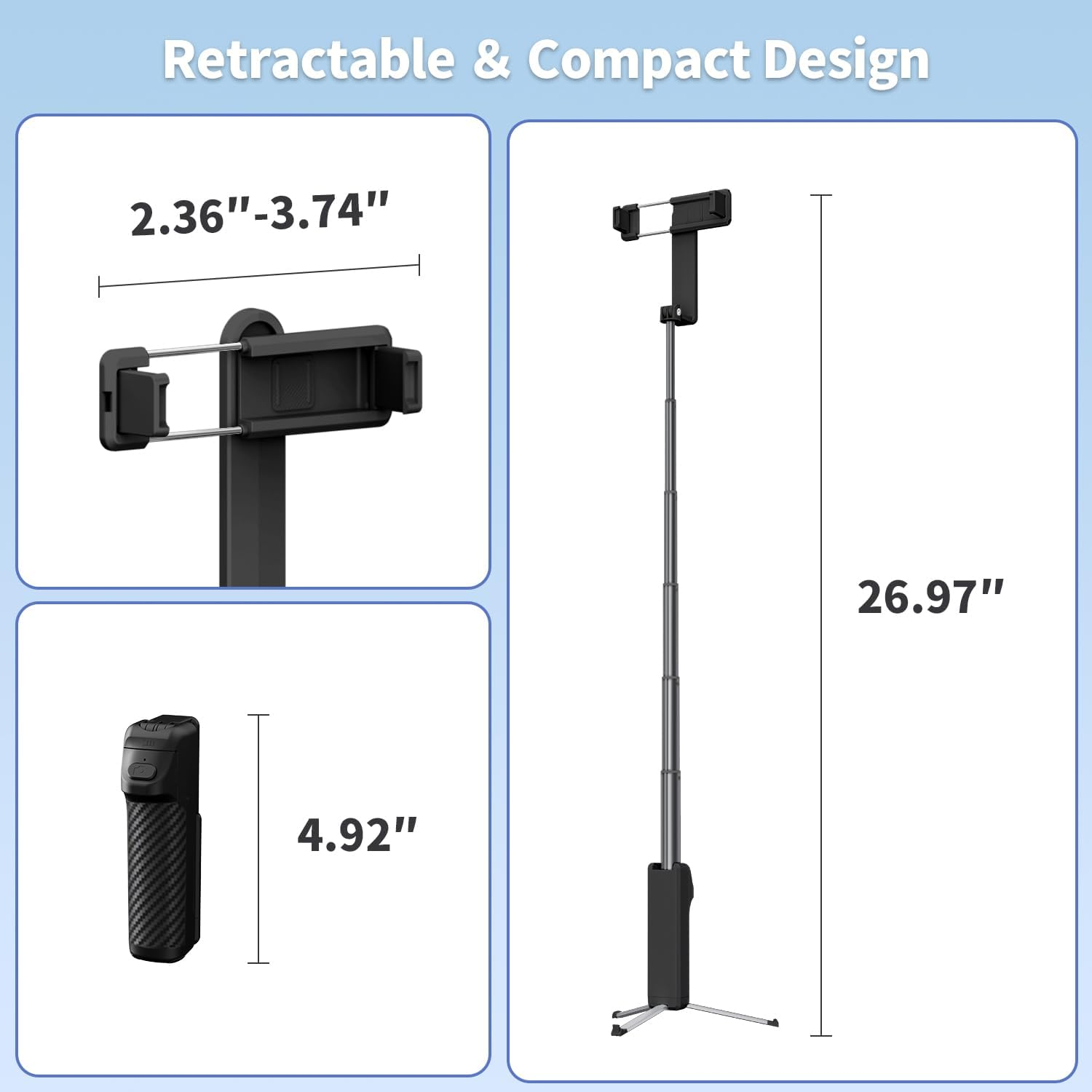 Diagramm mit den Maßen eines schwarzen, ausziehbaren Selfie-Sticks, voll ausgefahren 26,97 Zoll groß.