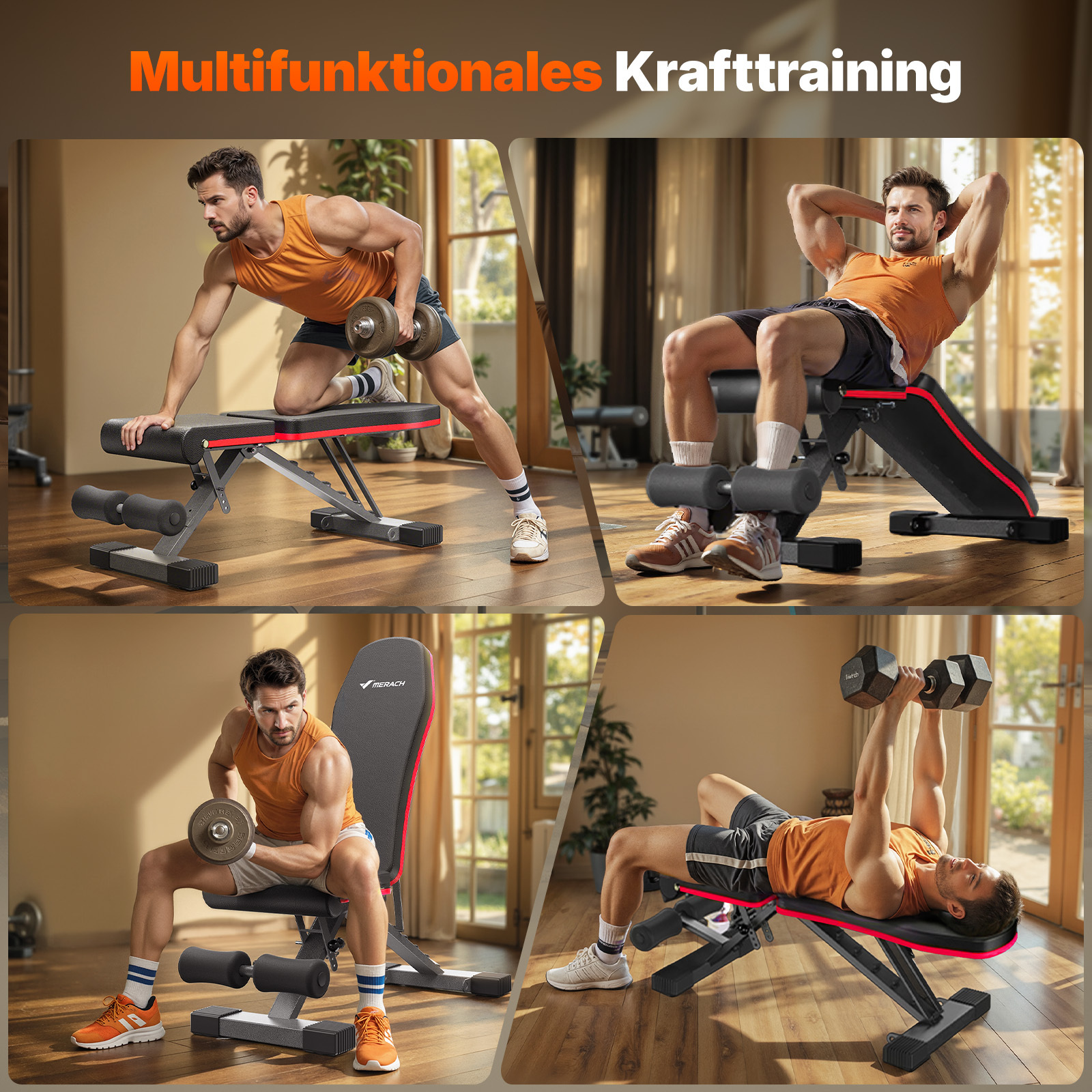 Ein Mann trainiert multifunktional mit Hanteln und einer Trainingsbank in einem Raum.