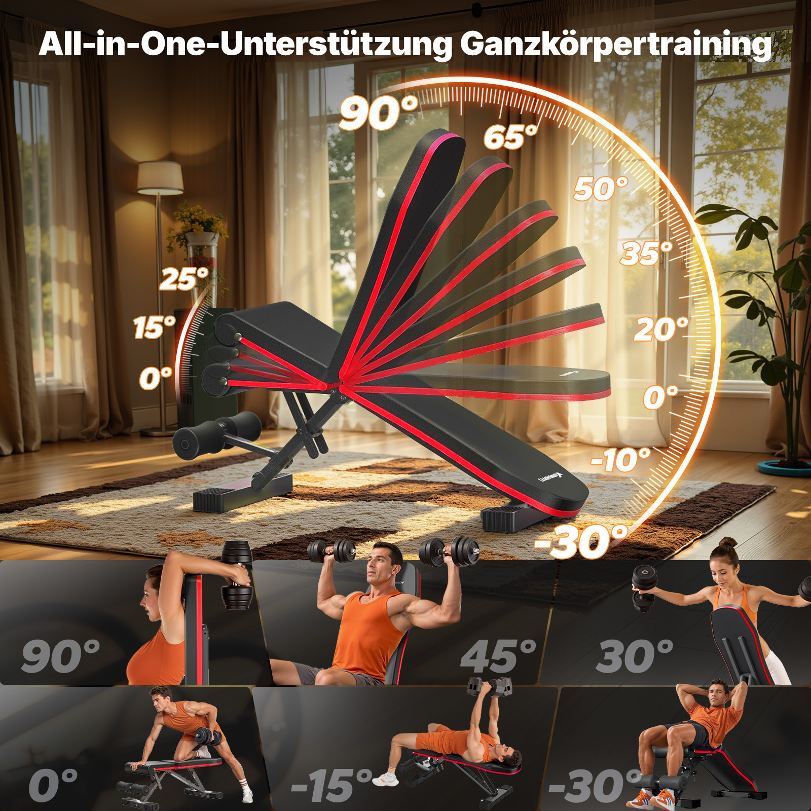 Verstellbare Trainingsbank mit verschiedenen Winkeln und Übungsbeispielen im Wohnzimmer.