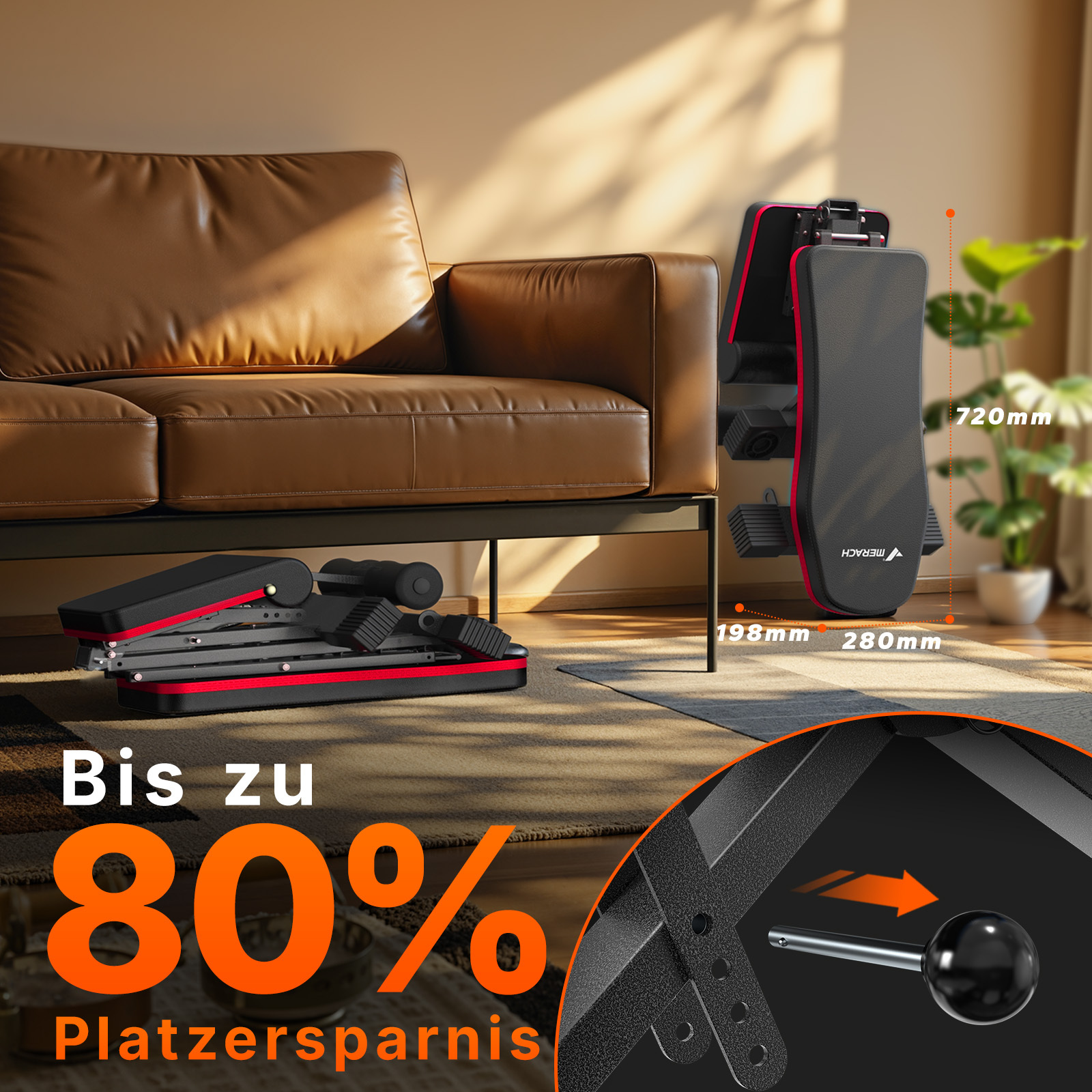 Eine faltbare Hantelbank im Wohnzimmer mit Maßen und Text zum Platzsparen.