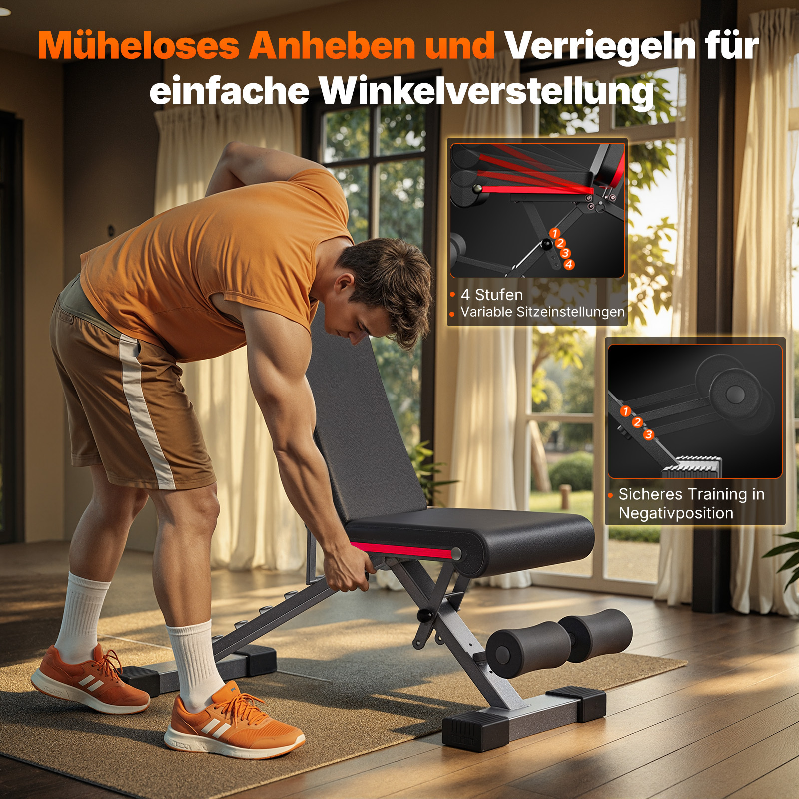 Ein Mann verstellt den Winkel einer schwarzen Hantelbank in einem Raum.