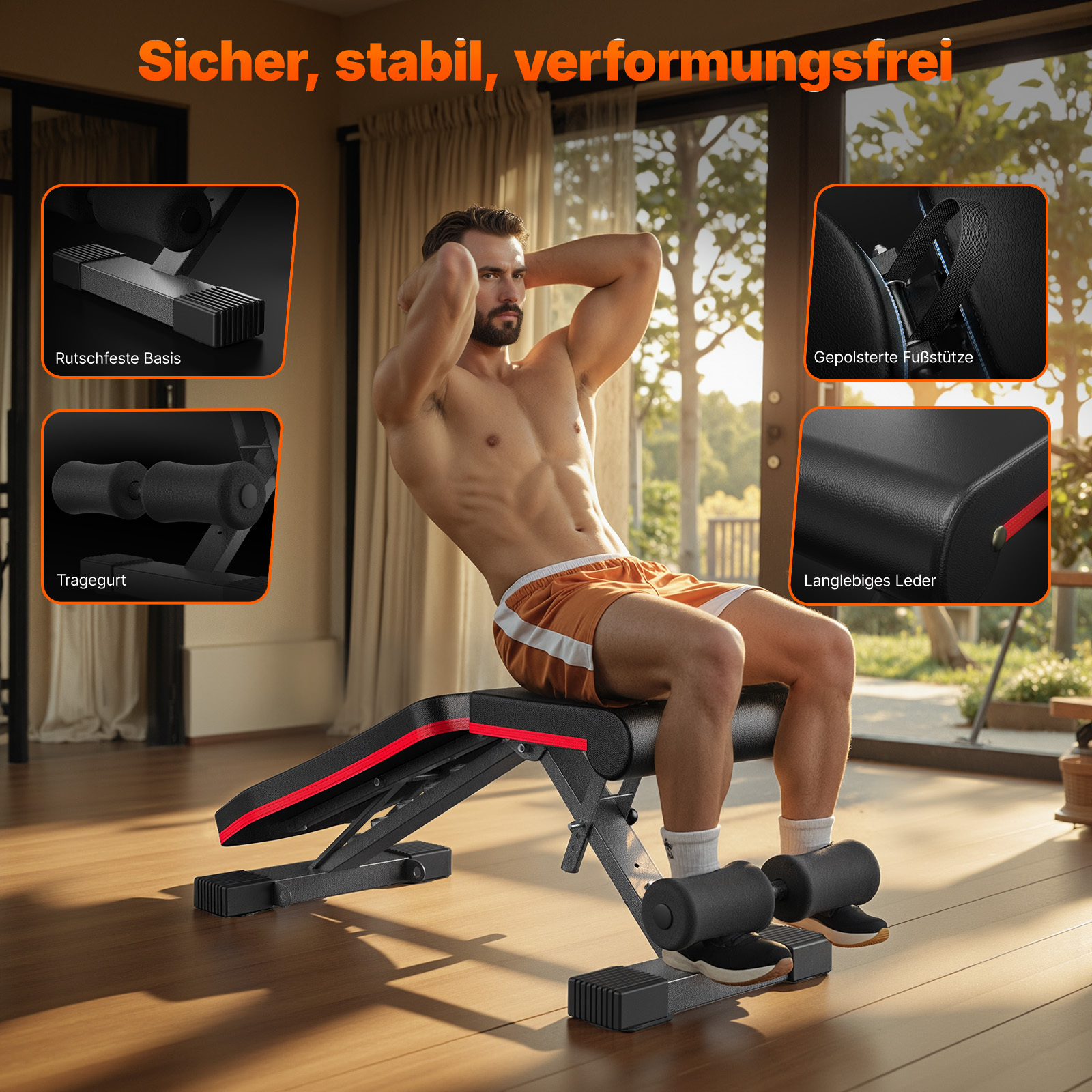 Ein Mann macht Sit-ups auf einer Fitnessbank, umgeben von Detailbildern des Produkts.