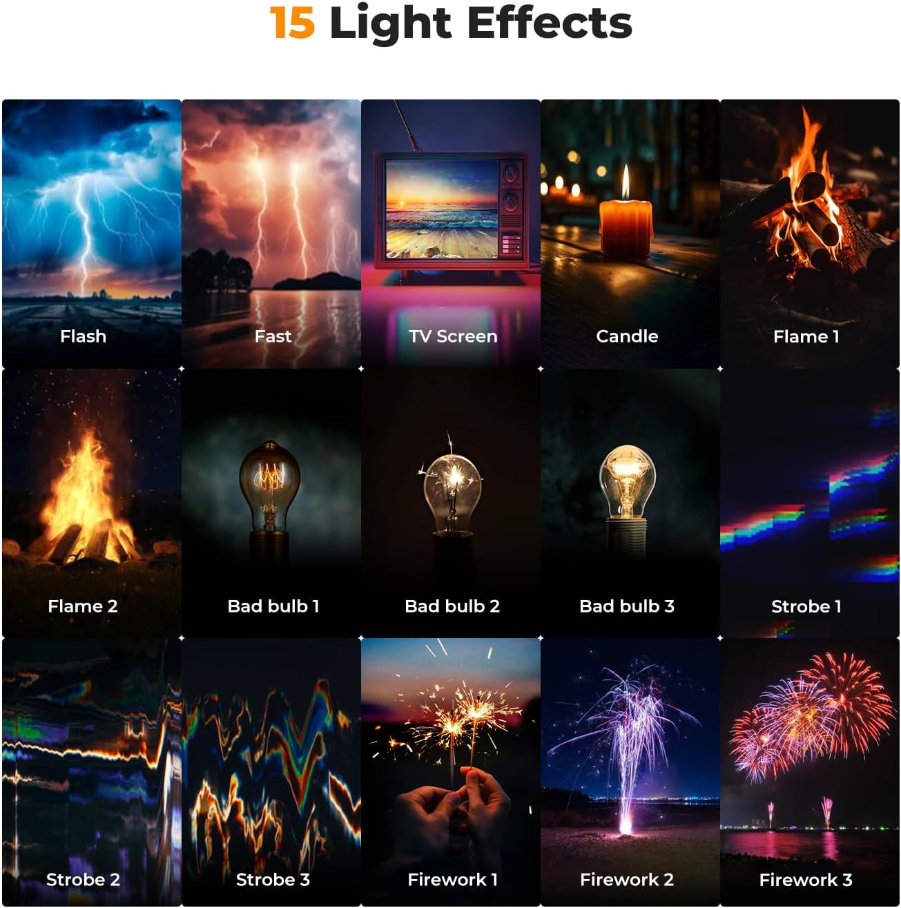 Eine Grafik zeigt 15 verschiedene Lichteffekte wie Blitz, Kerze, Feuer, kaputte Glühbirne und Feuerwerk.