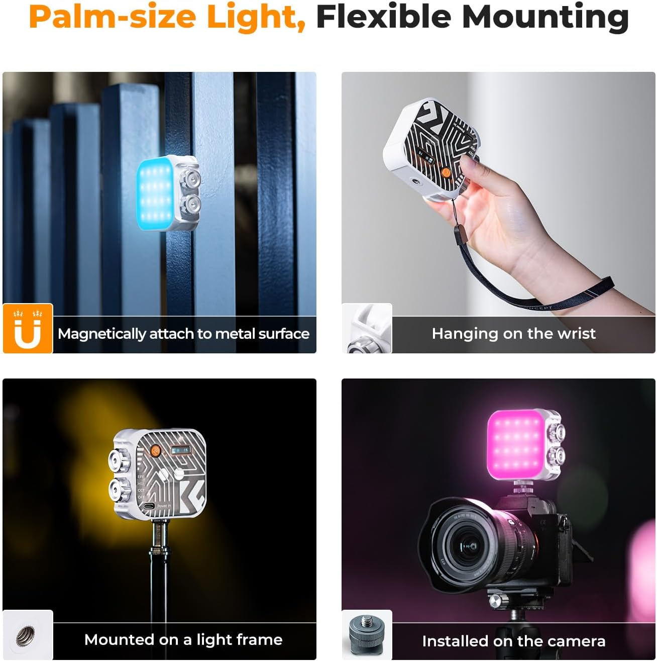 Vier Bilder zeigen eine kleine LED-Leuchte, magnetisch befestigt, am Band, auf einem Stativ und an einer Kamera.
